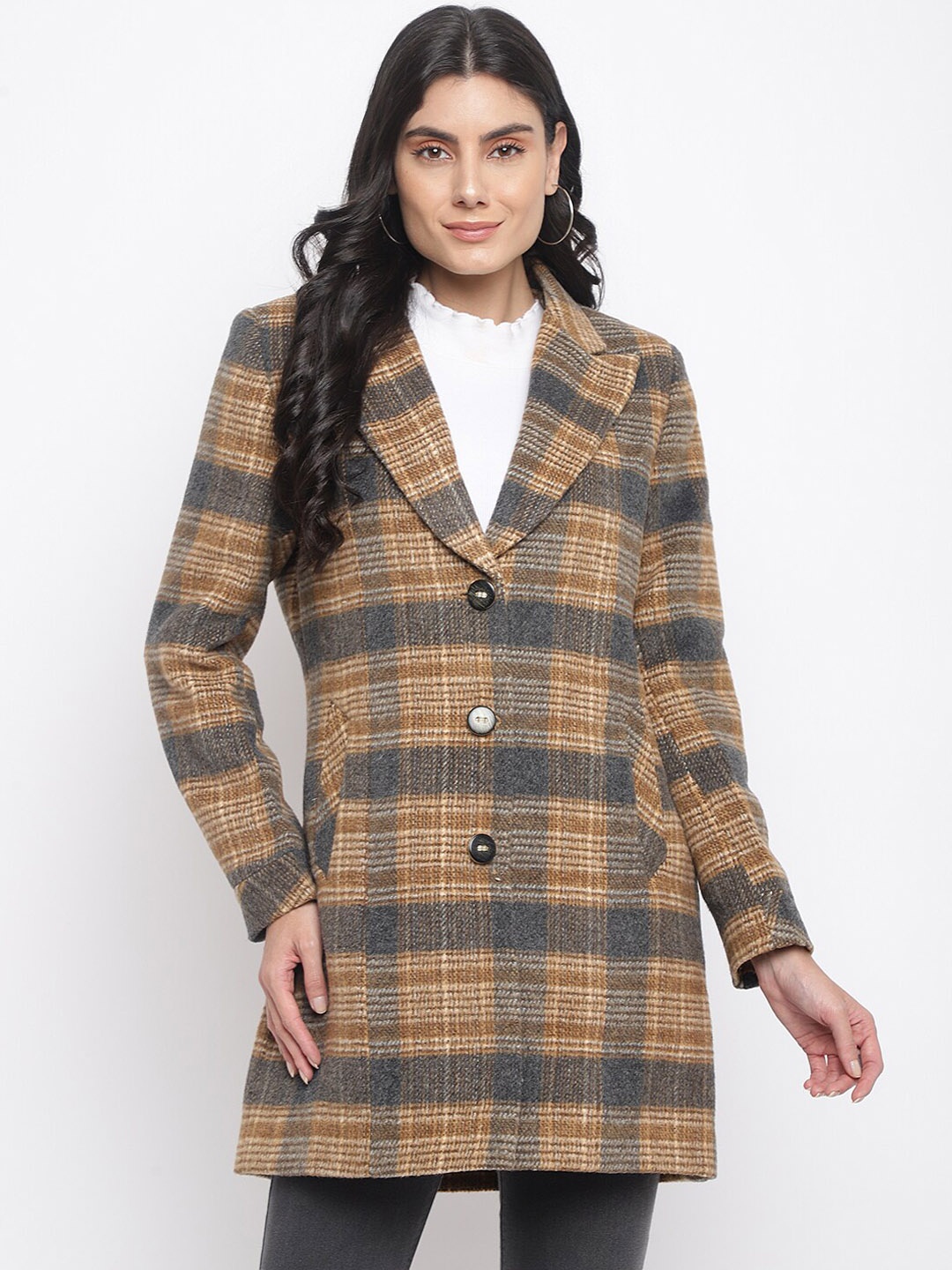 

Her Grace Women Checked Single-Breasted Woolen Overcoat, Grey