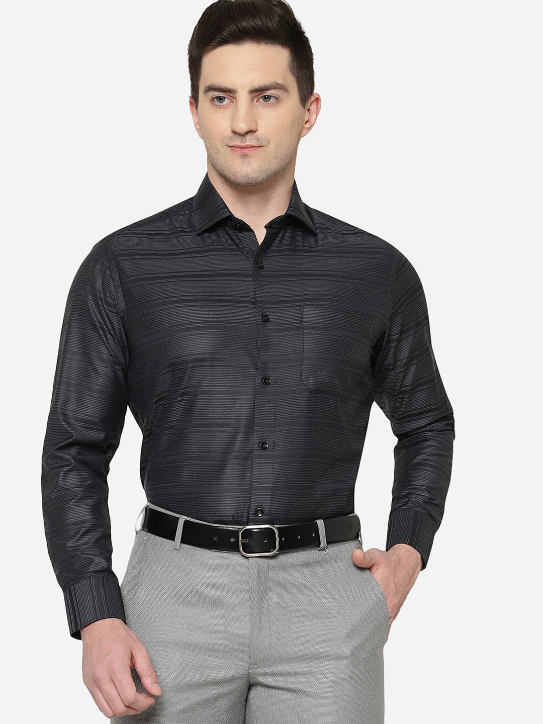 

Greenfibre Men Slim Fit Horizontal Striped Cotton Formal Shirt, Black