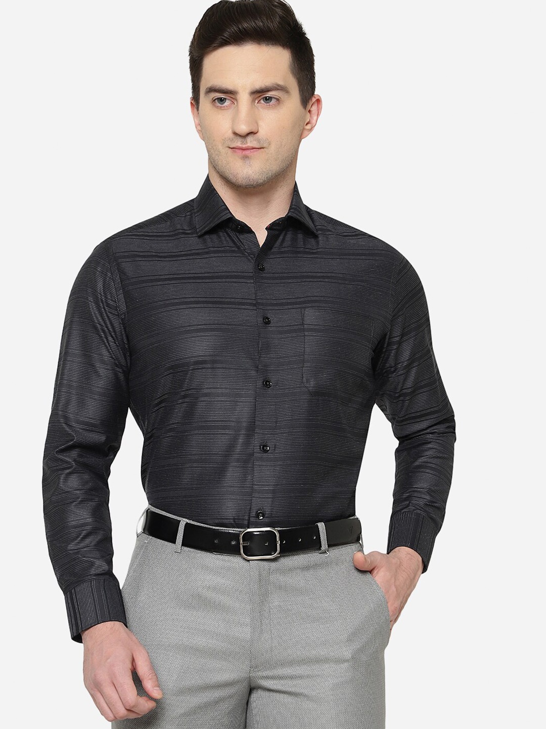 

Greenfibre Men Slim Fit Horizontal Stripes Cotton Formal Shirt, Black