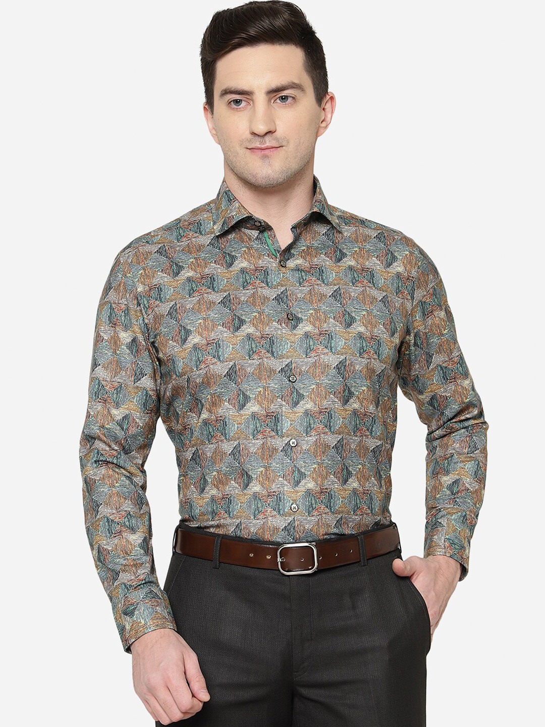 

Greenfibre Men Slim Fit Printed Cotton Formal Shirt, Green
