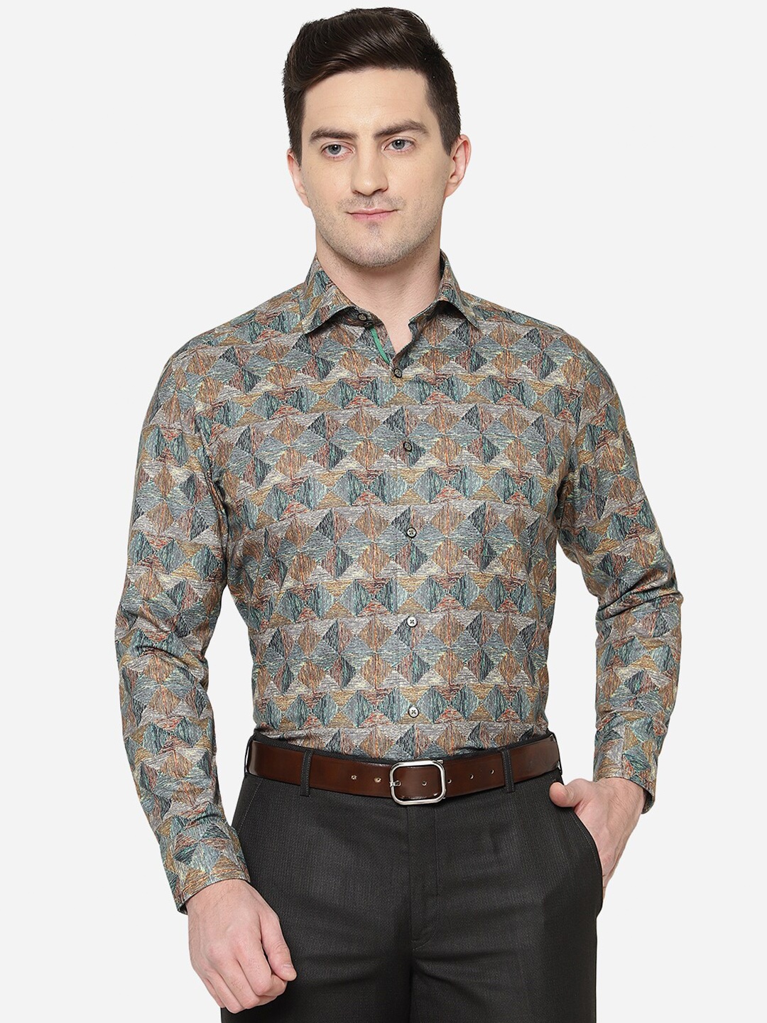 

Greenfibre Men Slim Fit Printed Cotton Formal Shirt, Green