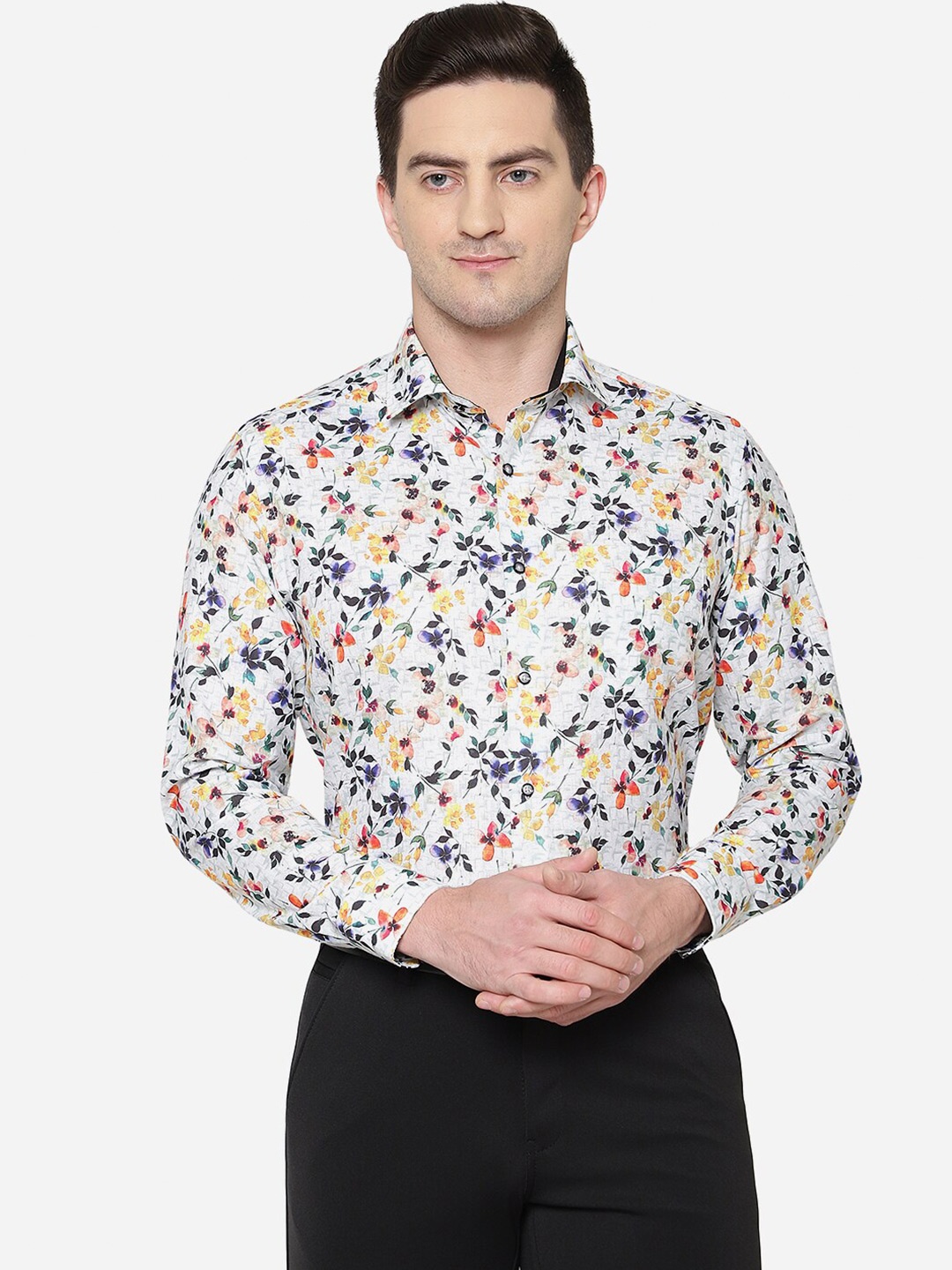 

Greenfibre Men Slim Fit Floral Printed Cotton Formal Shirt, White