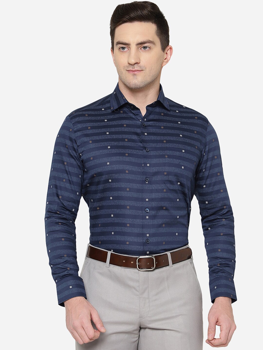 

Greenfibre Men Slim Fit Horizontal Striped Formal Shirt, Blue