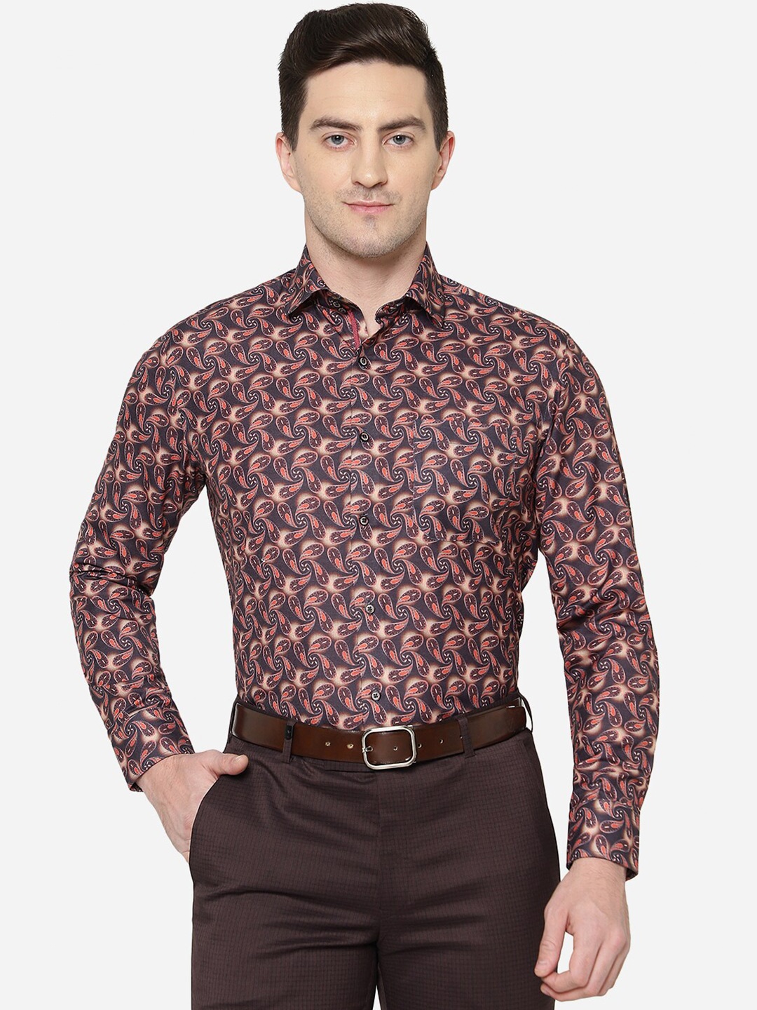 

Greenfibre Men Slim Fit Printed Cotton Formal Shirt, Brown