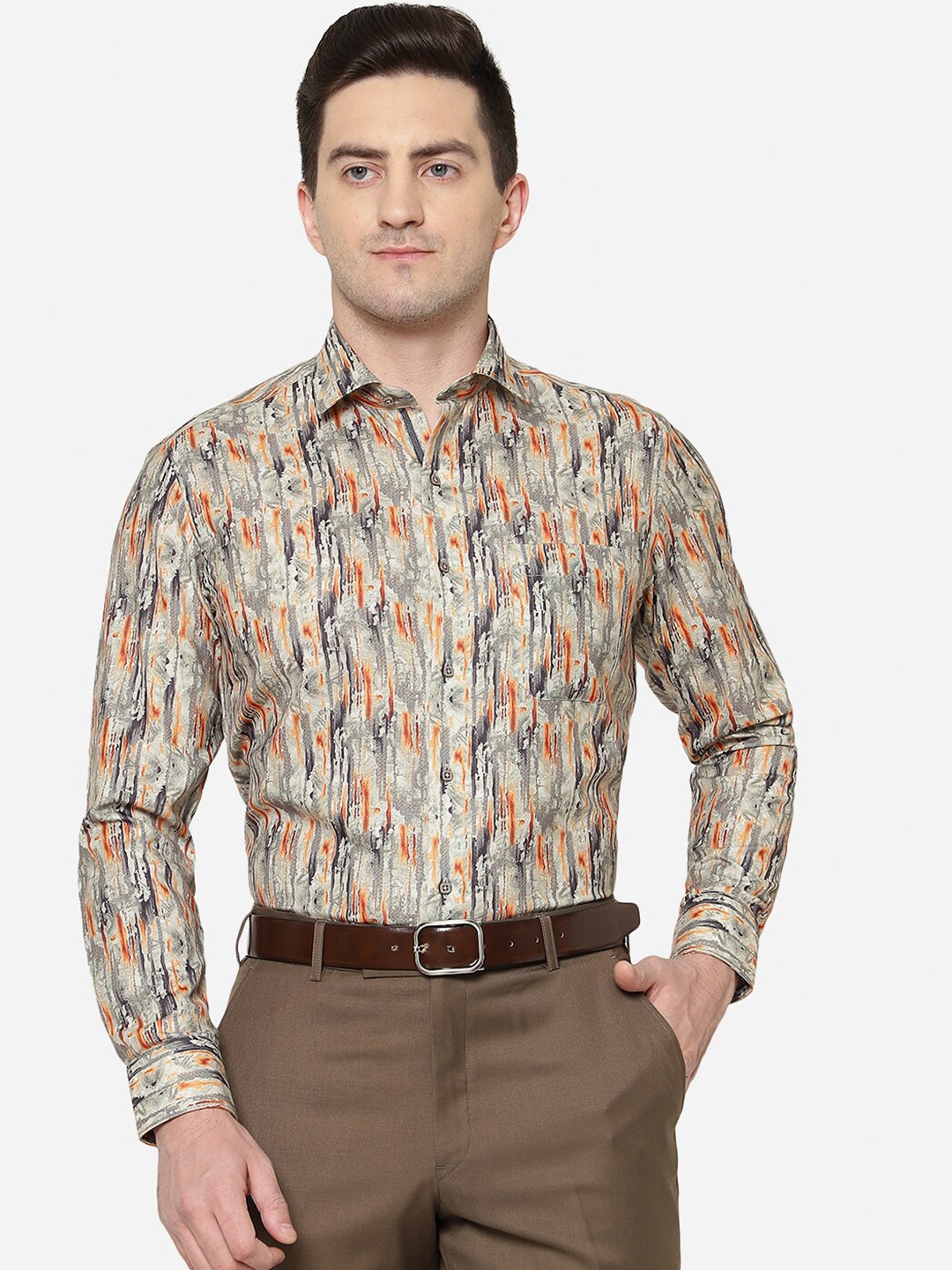 

Greenfibre Men Grey Slim Fit Printed Pure Cotton Formal Shirt