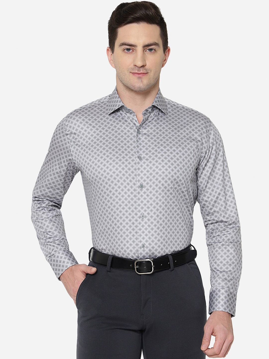 

JADE BLUE Men Grey Printed Pure Cotton Formal Shirt