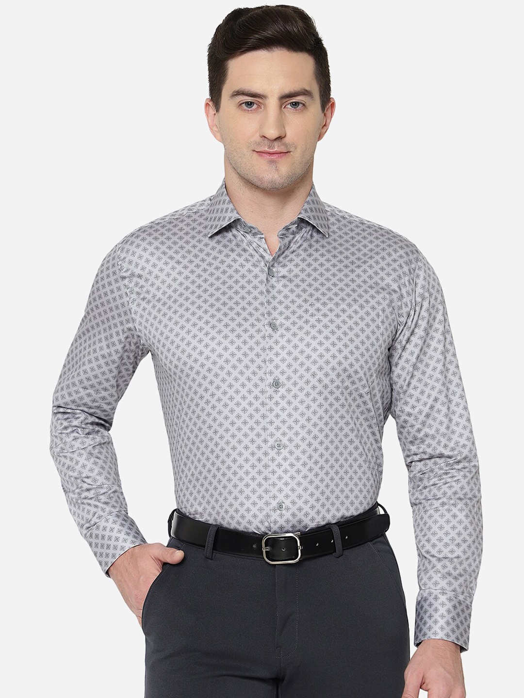 

JADE BLUE Men Printed Pure Cotton Formal Shirt, Grey