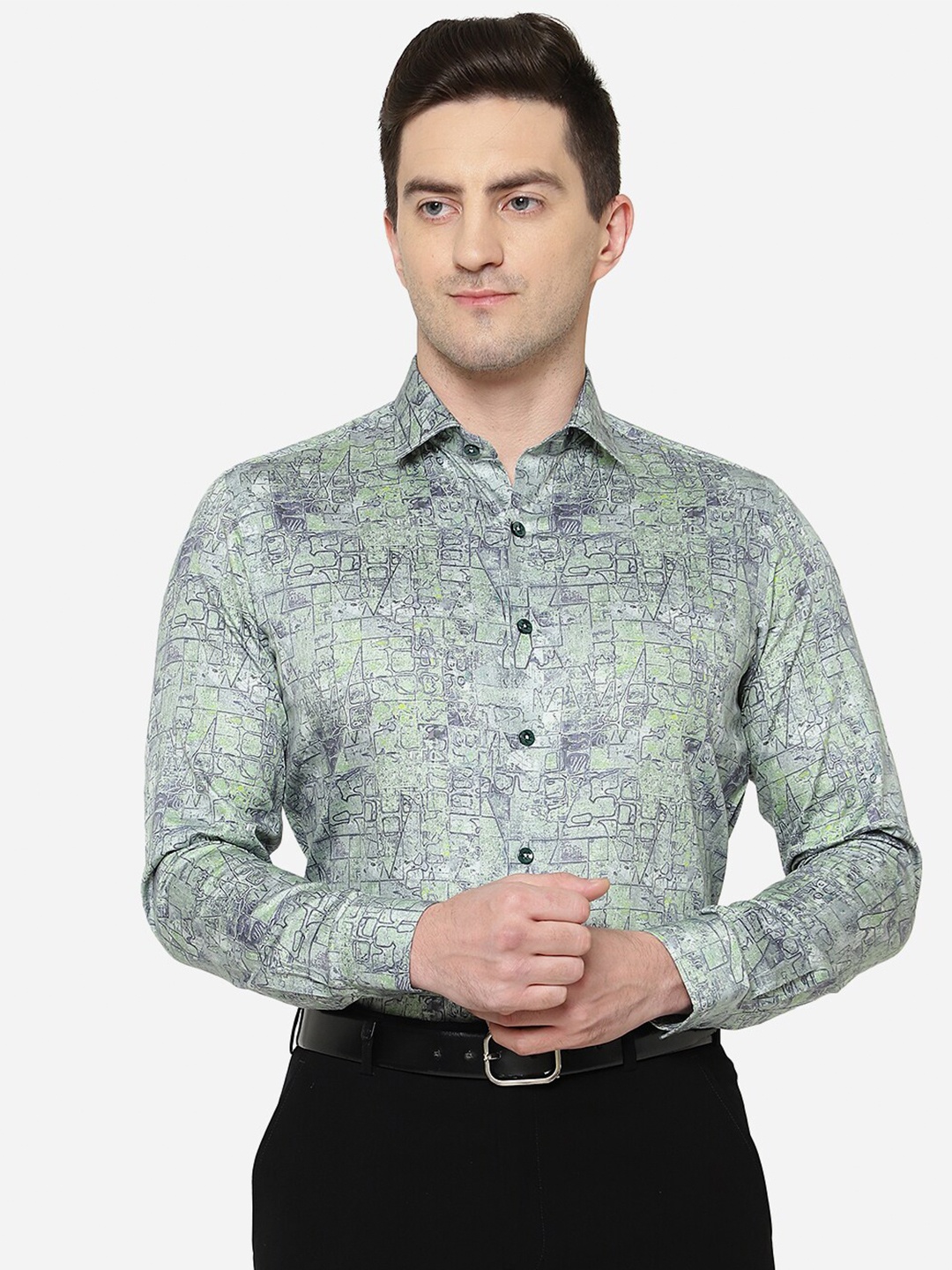 

JB STUDIO Men Slim Fit Printed Pure Cotton Formal Shirt, Green