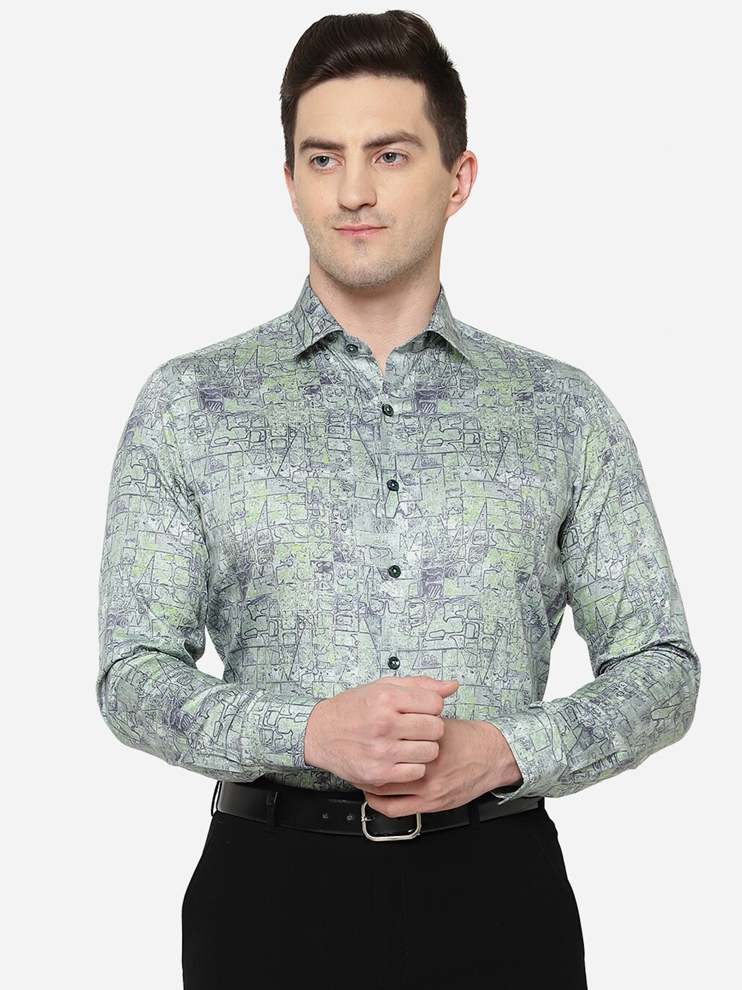 

JB STUDIO Men Slim Fit Printed Pure Cotton Formal Shirt, Green