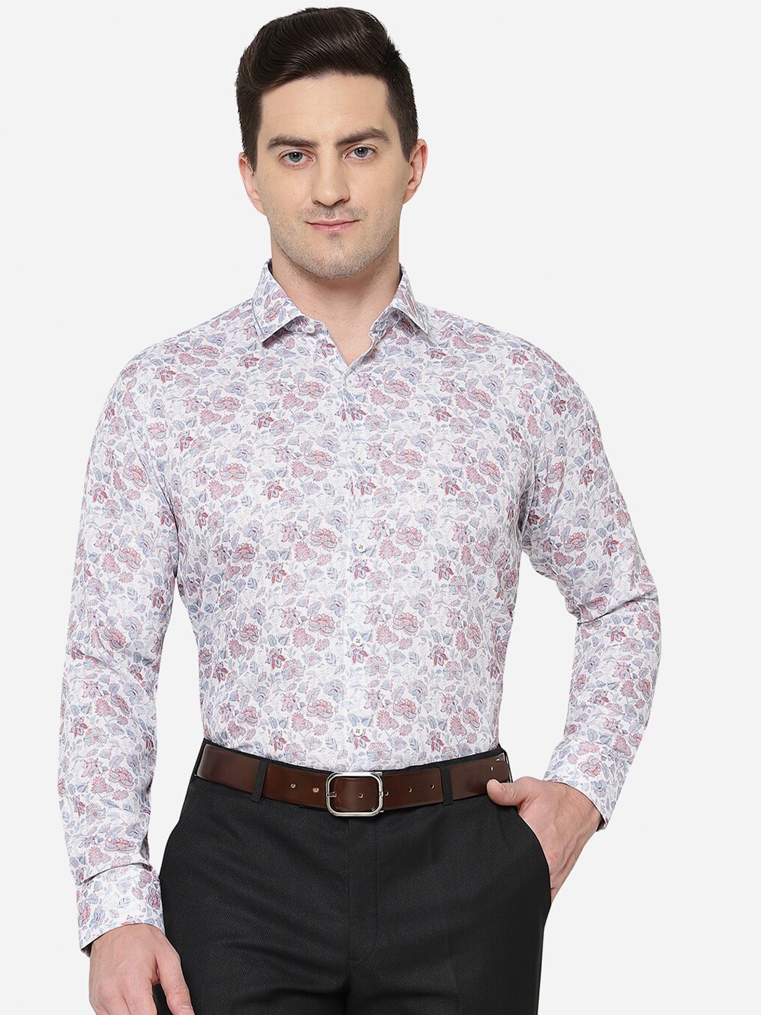 

JB STUDIO Men White Slim Fit Floral Printed Pure Cotton Formal Shirt