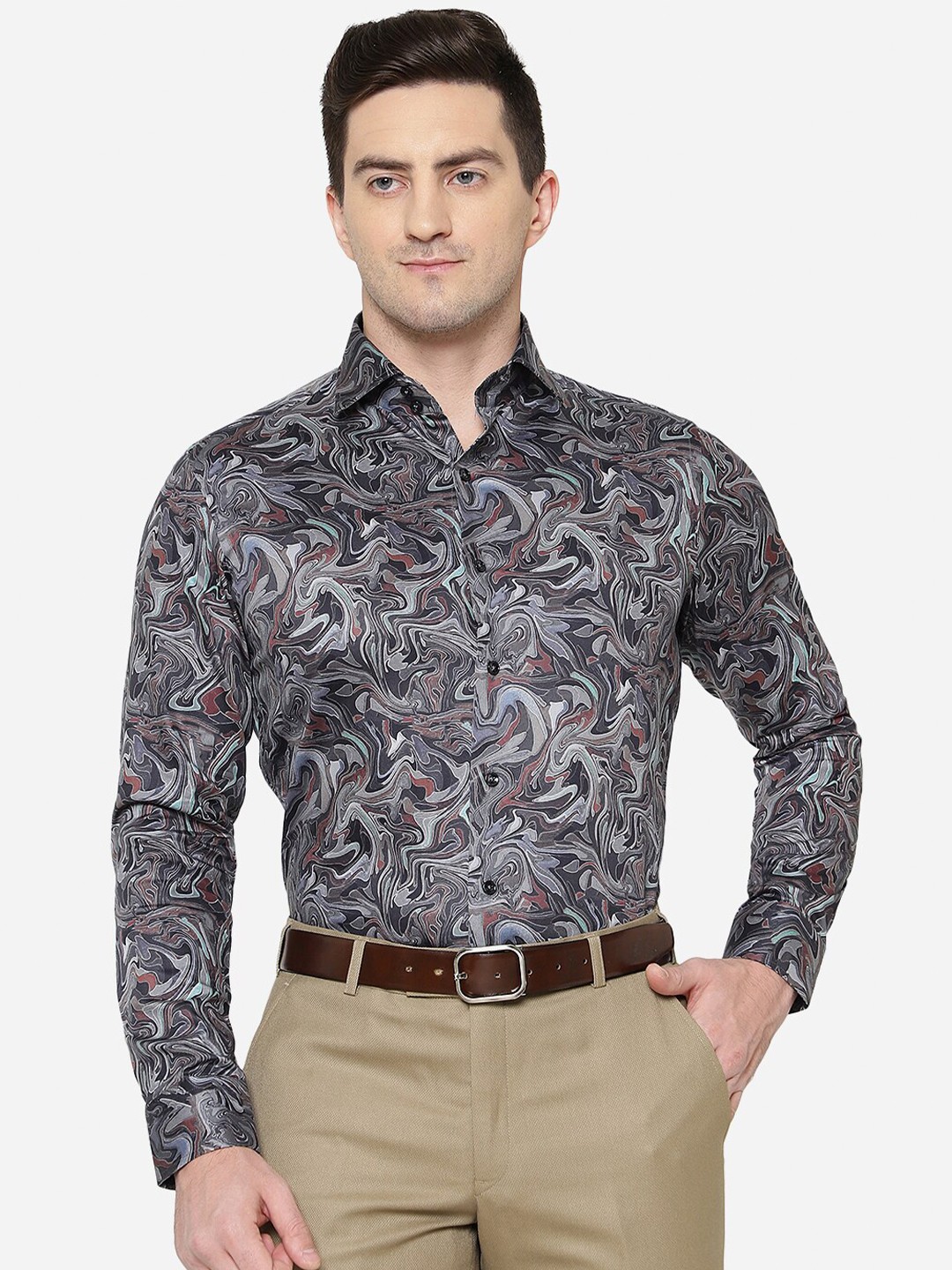 

JB STUDIO Men Slim Fit Printed Pure Cotton Formal Shirt, Grey