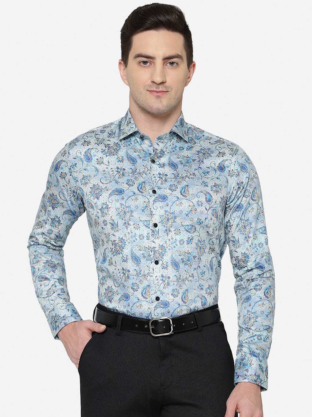 

JB STUDIO Men Slim Fit Printed Pure Cotton Formal Shirt, Blue