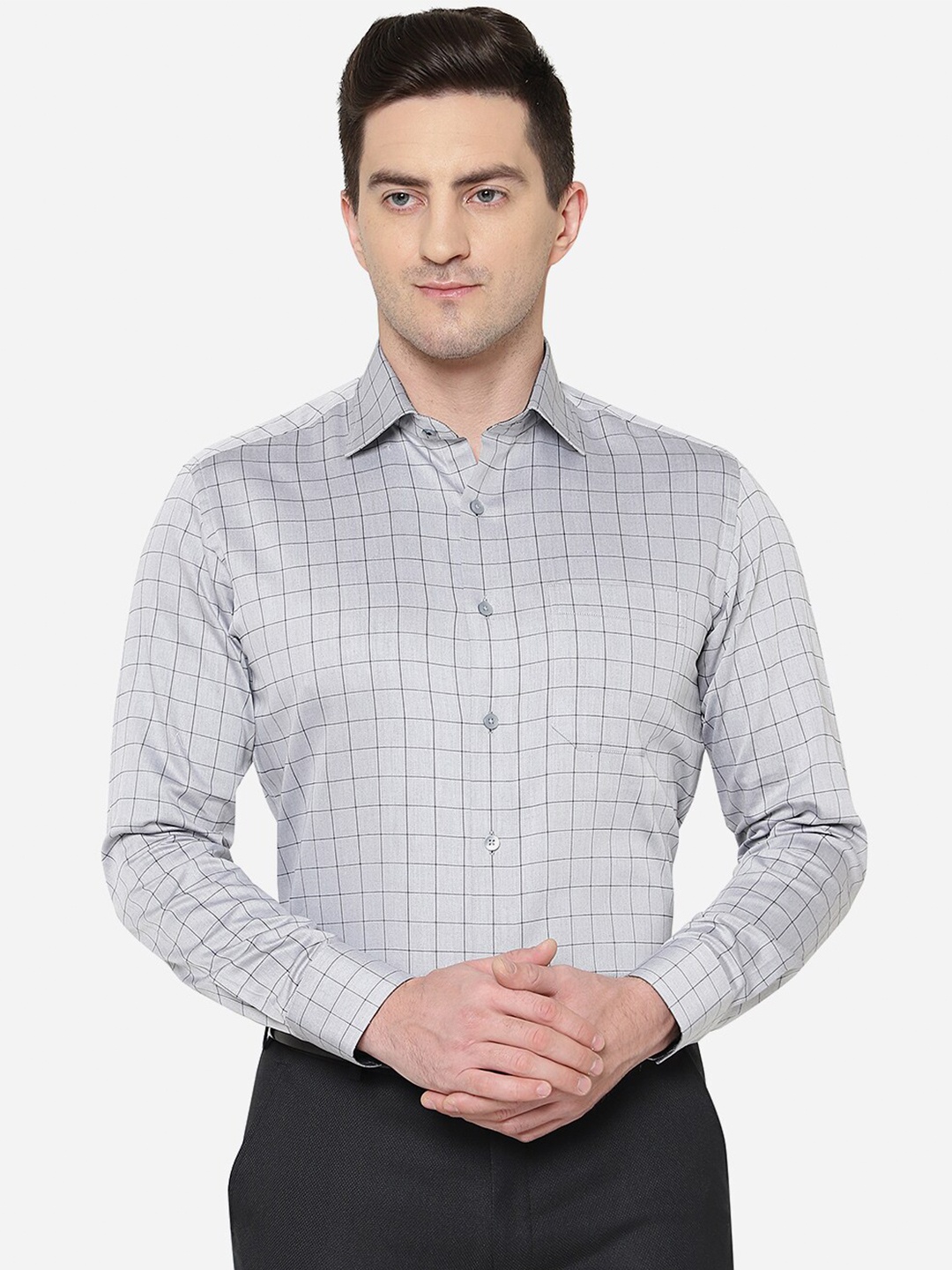 

METAL Men Grey Slim Fit Checked Pure Cotton Formal Shirt