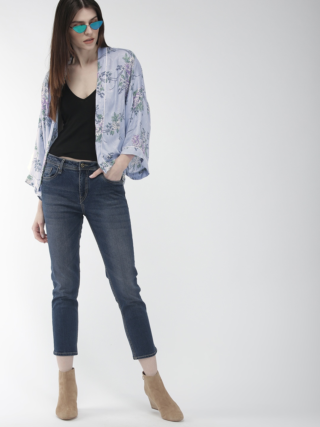 

FOREVER 21 Women Blue & Green Printed Open Front Shrug