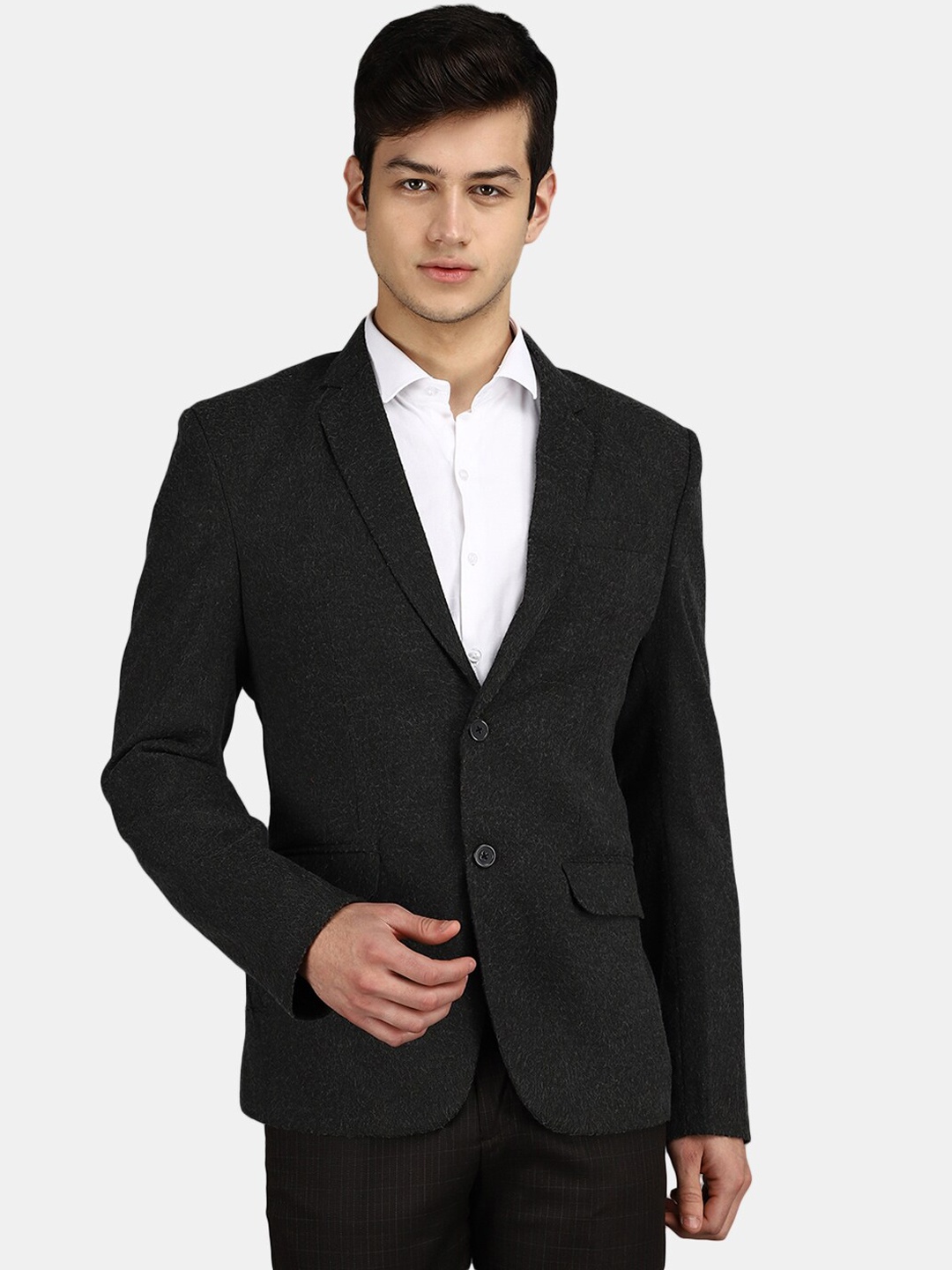 

J White by Vmart Men Dark Grey Self Design Single Breasted Formal Blazers