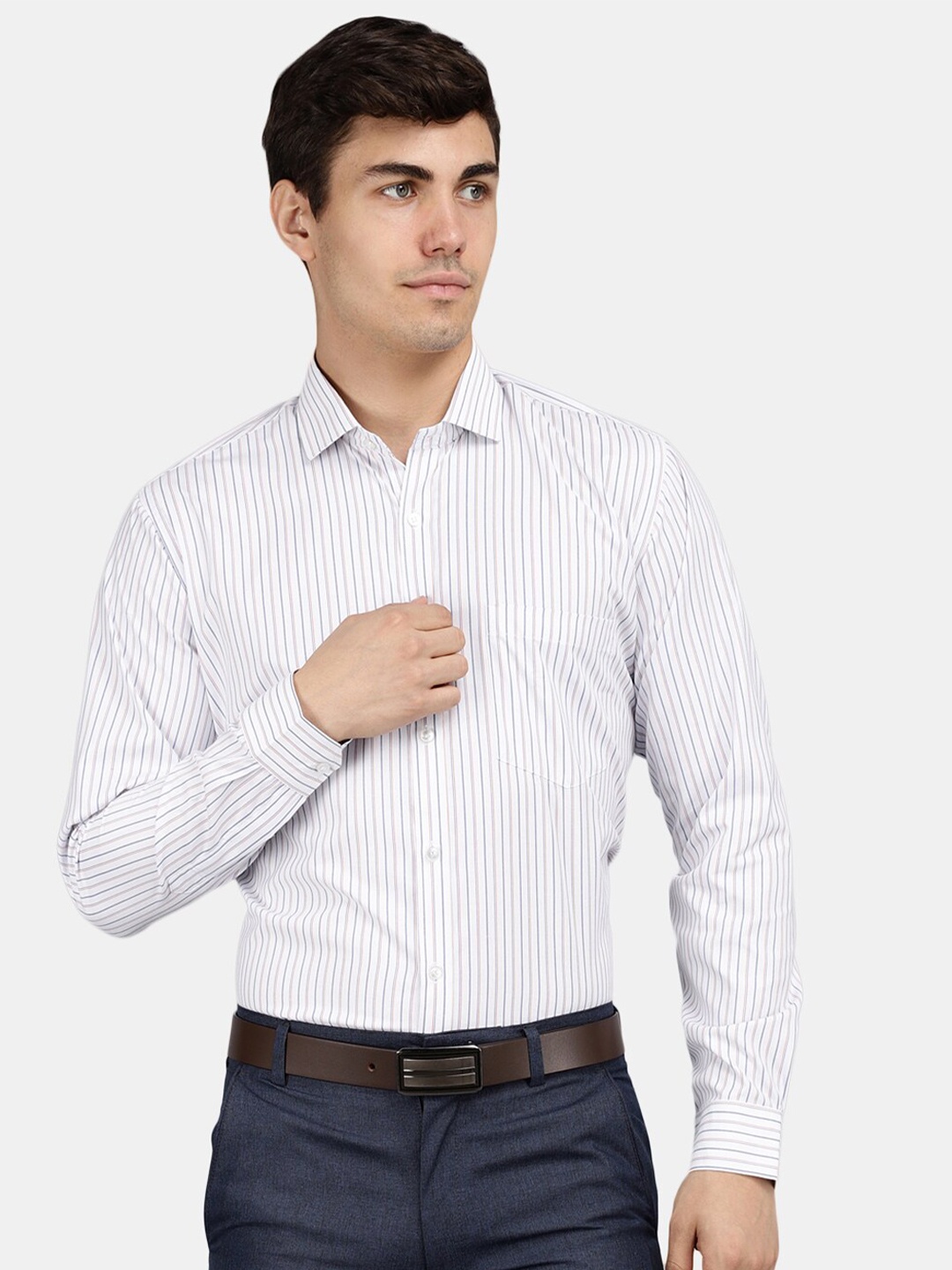 

V-Mart Men White Cotton Classic Striped Formal Shirt