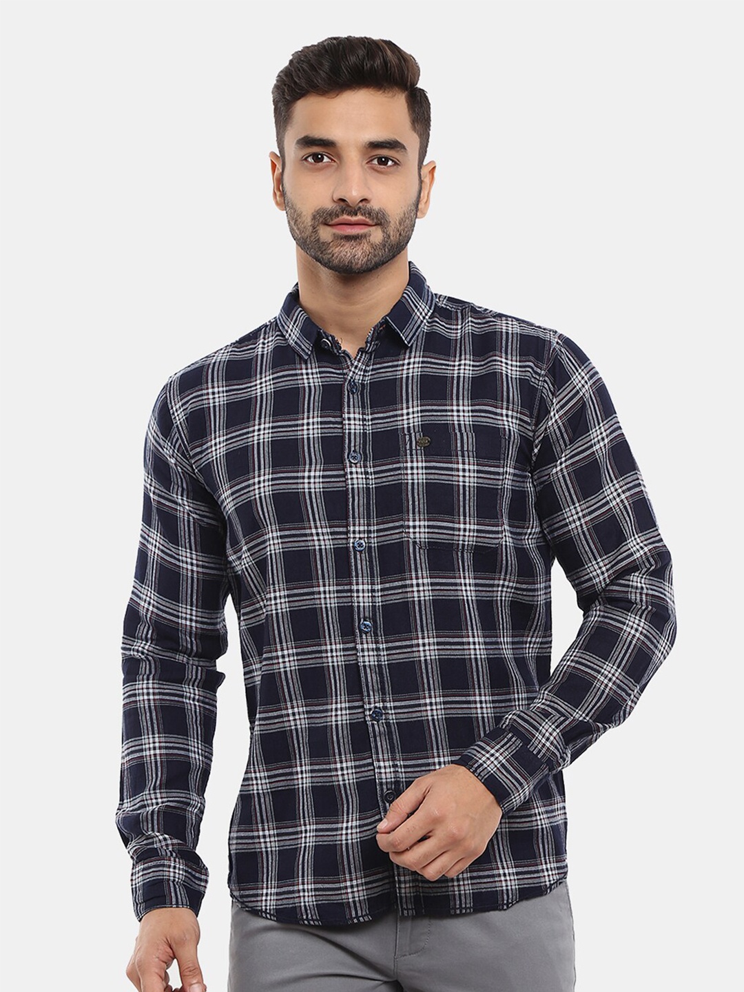 

V-Mart Men Navy Blue Cotton Classic Slim Fit Tartan Checks Checked Casual Shirt