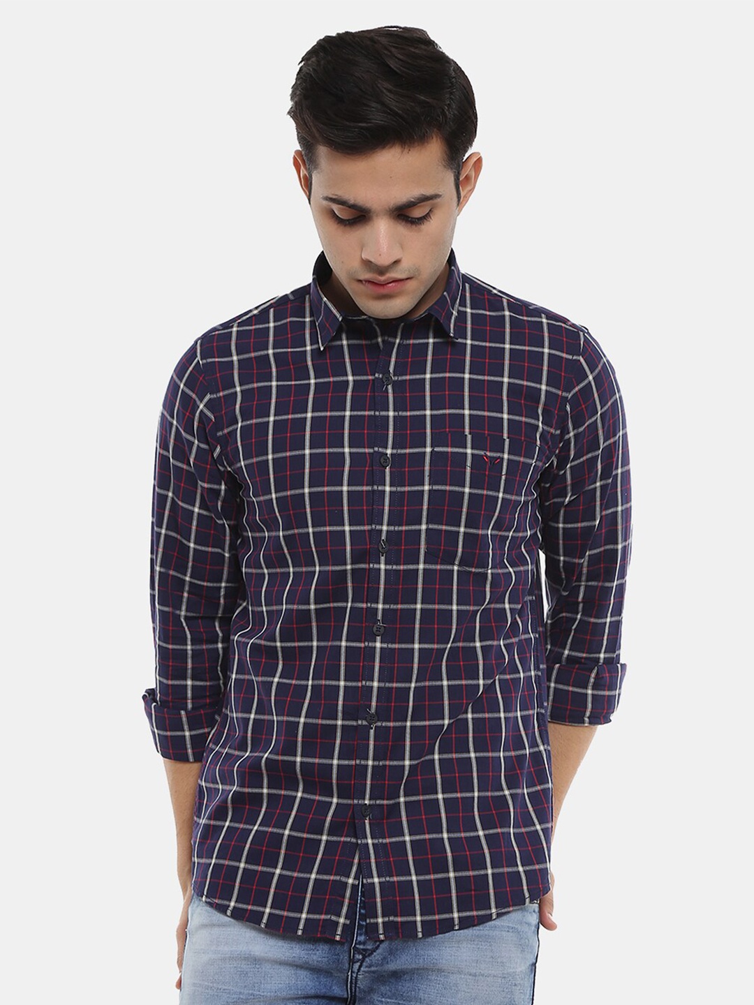 

V-Mart Men Navy Blue Cotton Classic Checked Casual Shirt