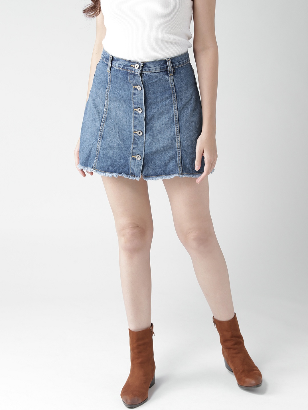 

FOREVER 21 Blue Denim A-Line Mini Pure Cotton Skirt