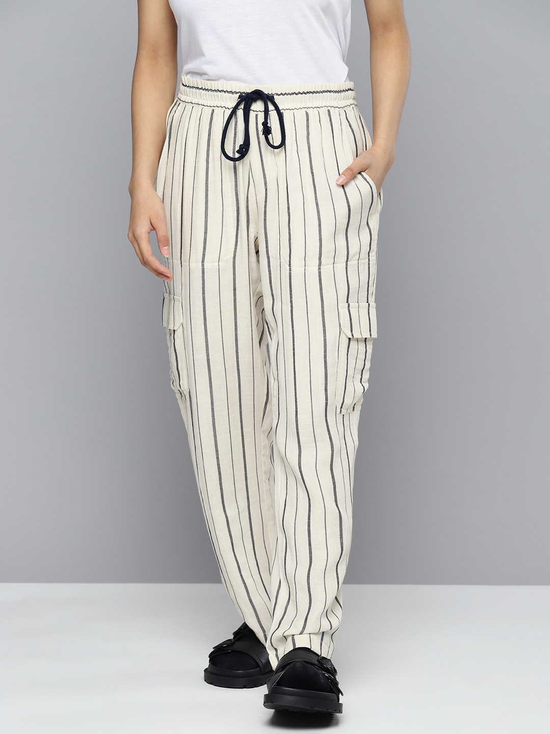 

HERE&NOW Women Striped Pure Cotton Lounge Pants, Cream