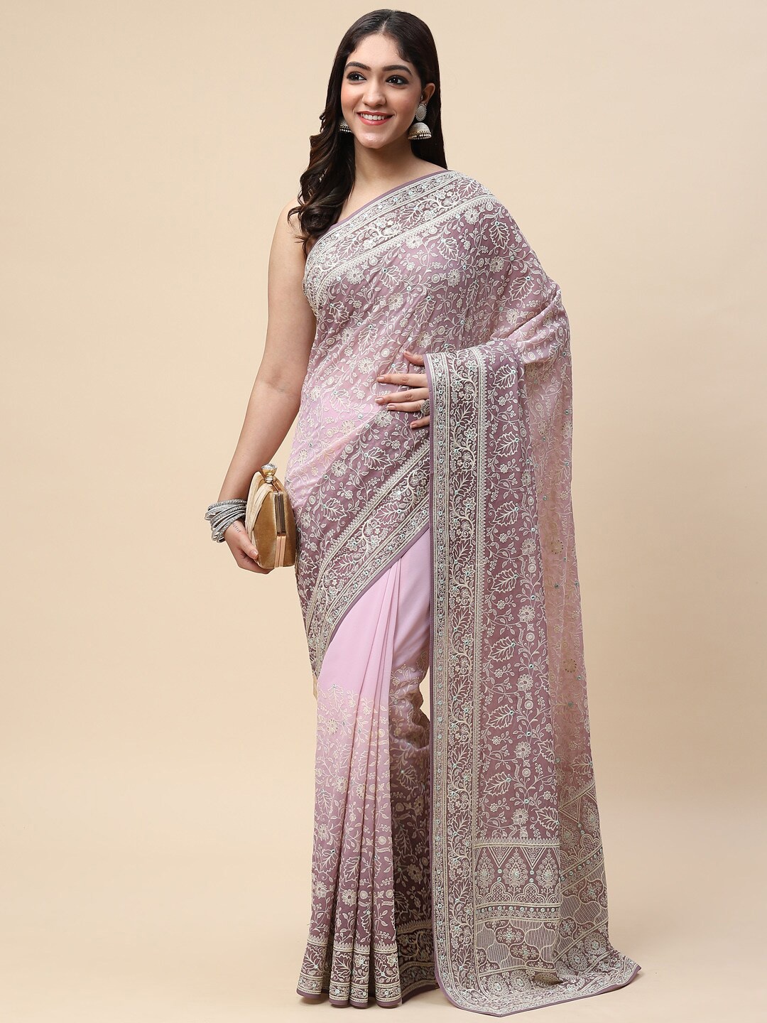 

Meena Bazaar Purple & Silver-Toned Floral Embroidered Saree