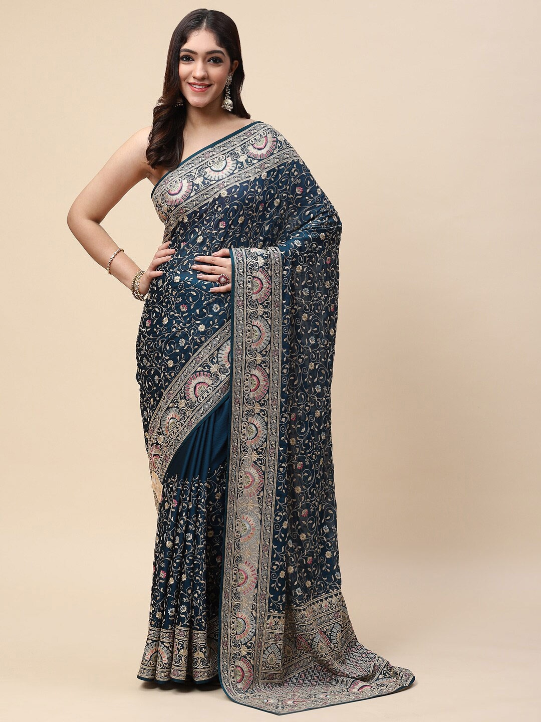 

Meena Bazaar Blue Floral Embroidered Organza Heavy Work Saree