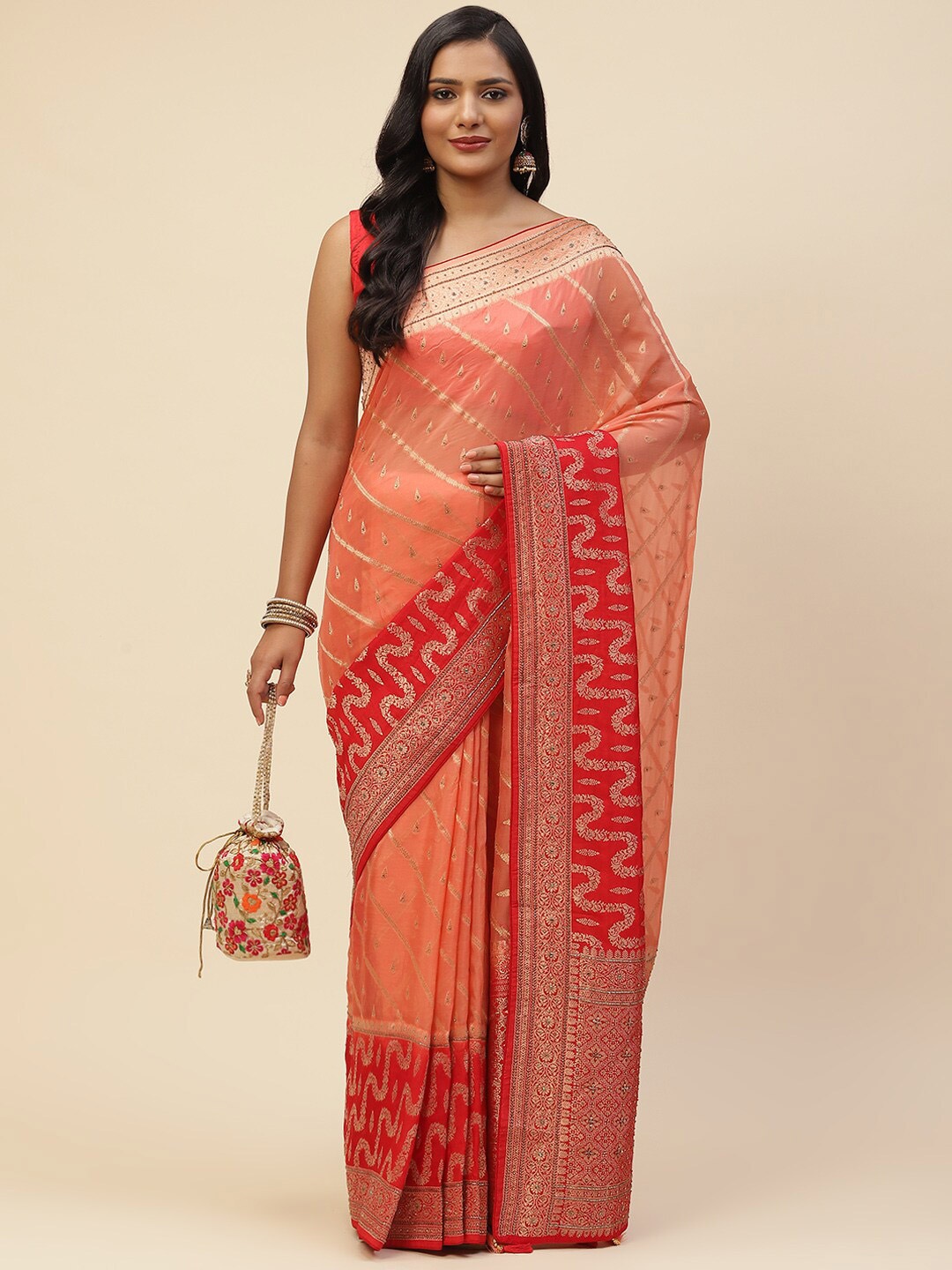 

Meena Bazaar Peach-Coloured & Red Woven Design Zari Organza Saree