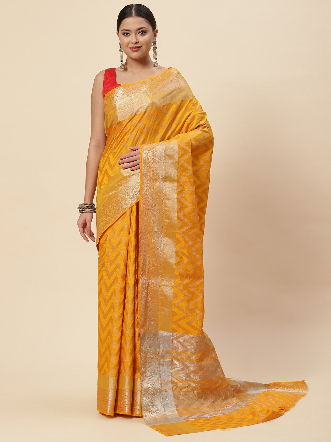 

Meena Bazaar Mustard & Gold-Toned Woven Design Zari Art Silk Saree