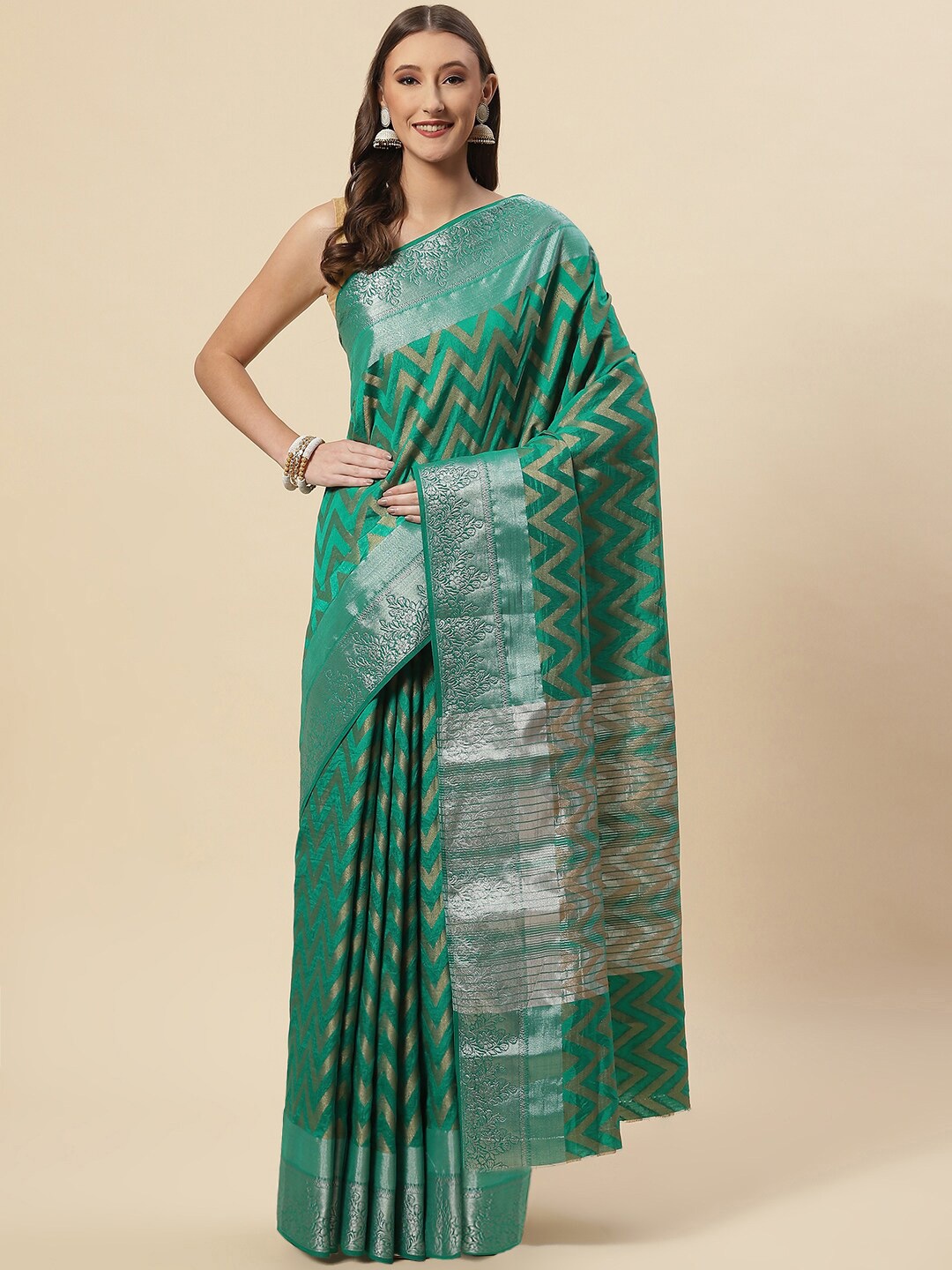 

Meena Bazaar Green & Silver-Toned Woven Design Zari Art Silk Saree