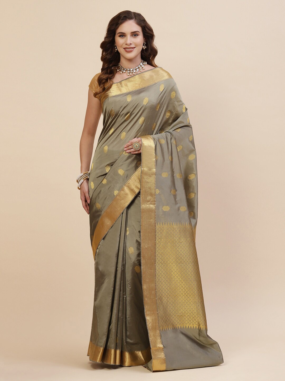 

Meena Bazaar Grey & Gold-Toned Woven Design Zari Art Silk Saree