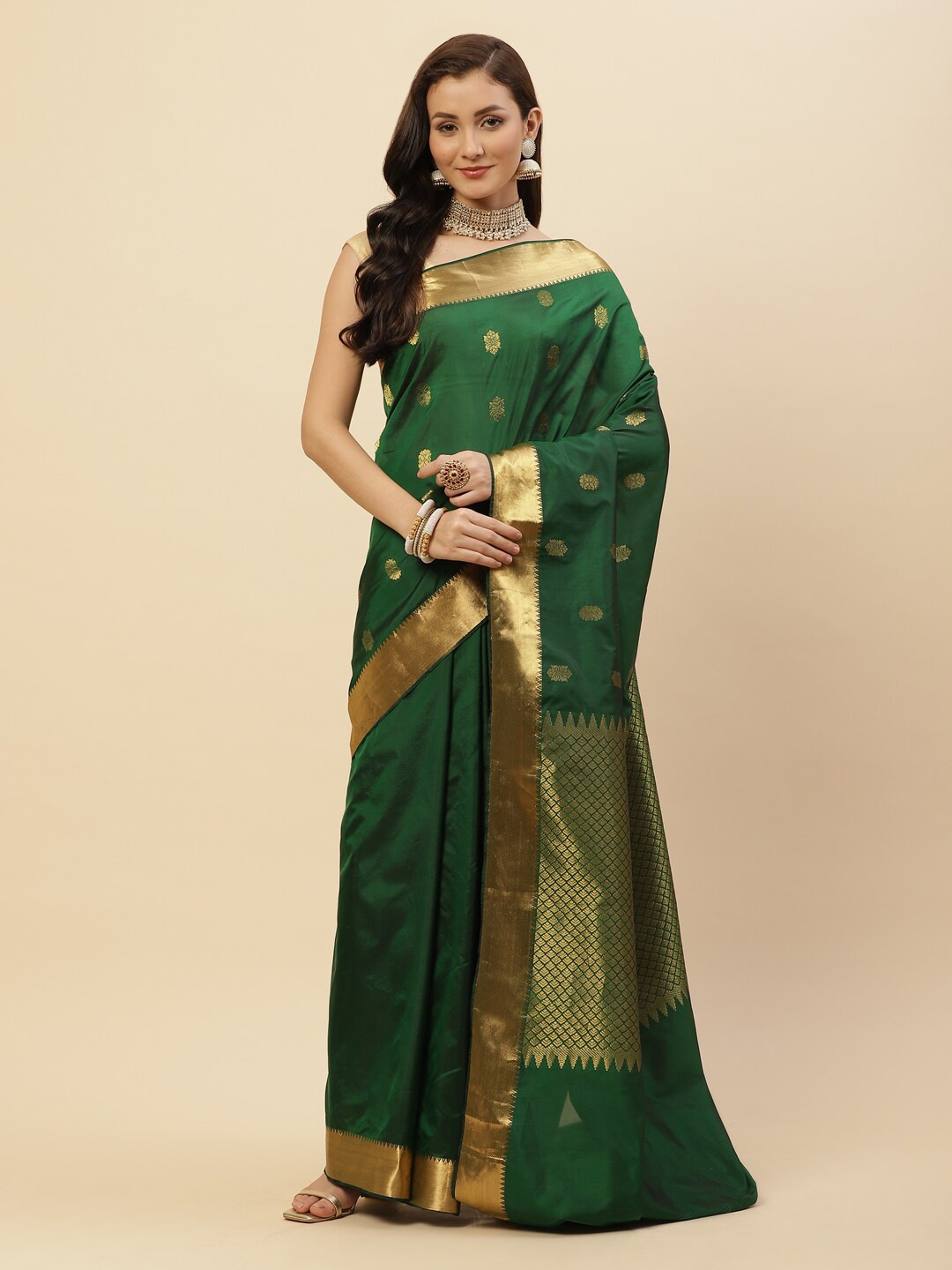 

Meena Bazaar Green & Gold-Toned Woven Design Zari Art Silk Saree