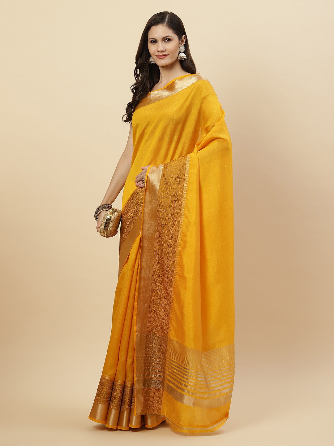 

Meena Bazaar Mustard & Gold-Toned Woven Design Zari Art Silk Saree