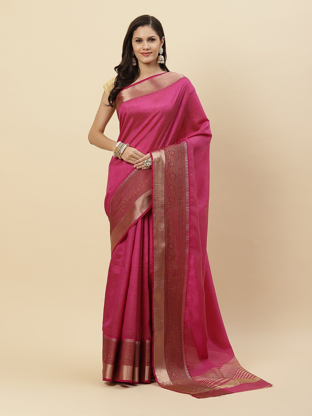 

Meena Bazaar Burgundy & Gold-Toned Zari Art Silk Saree