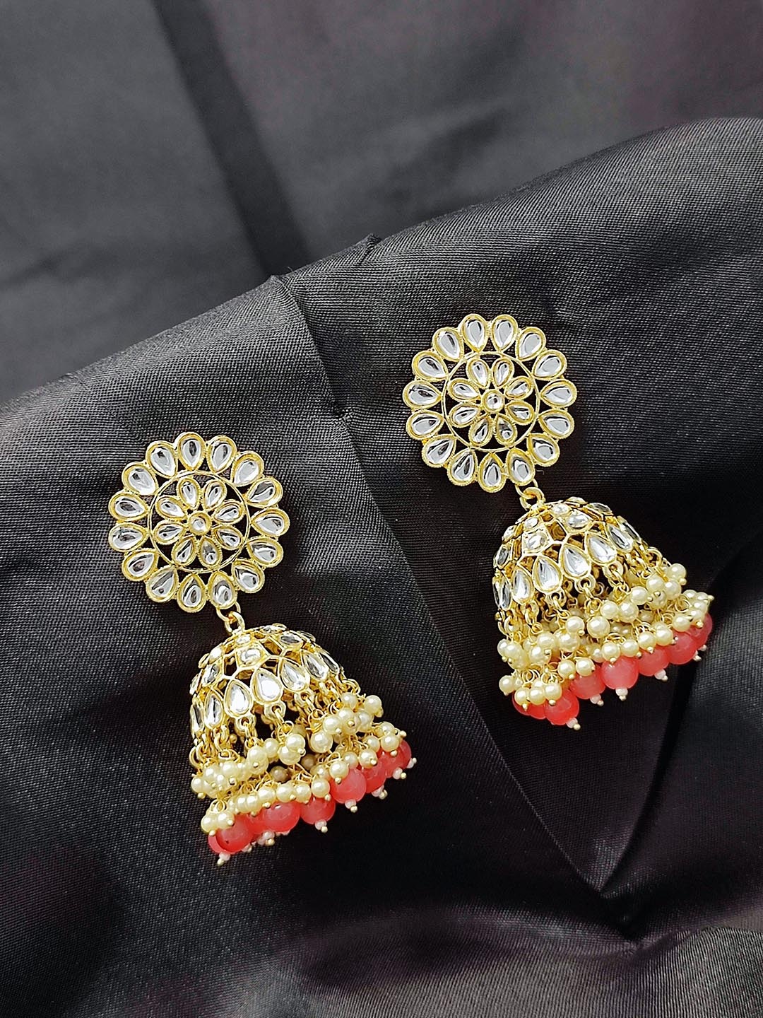 

CRAYTON Women Red & White Dome Shaped Jhumkas Earrings