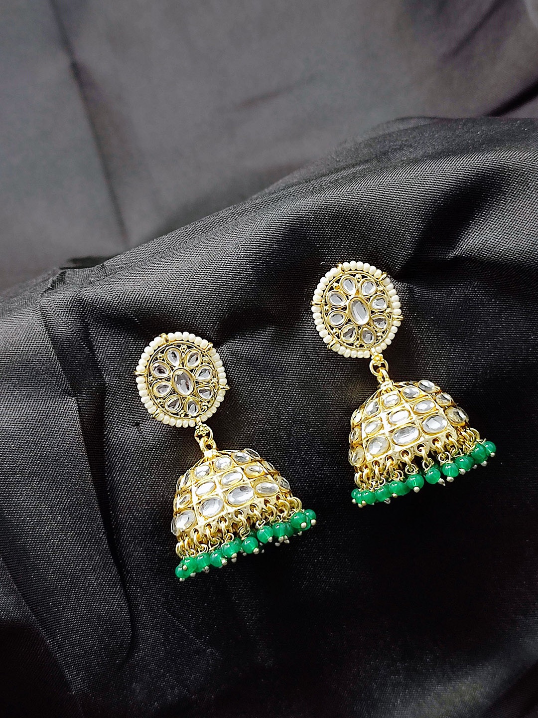 

CRAYTON Women Green & White Dome Shaped Jhumkas Earrings