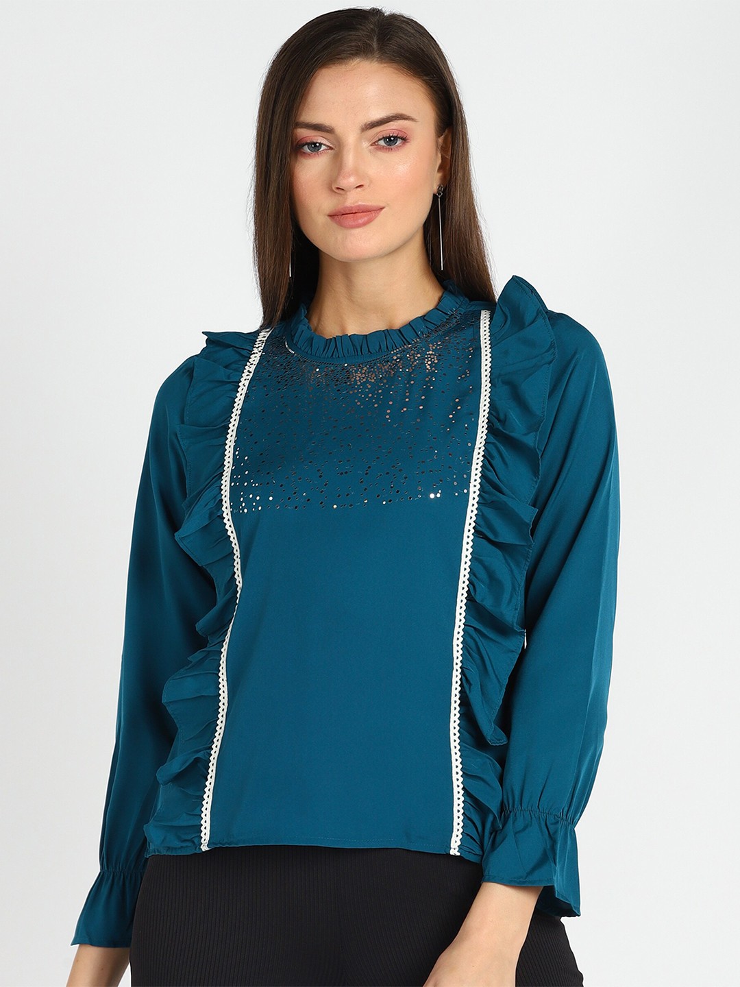 

shashvi Ruffles Crepe Top, Teal