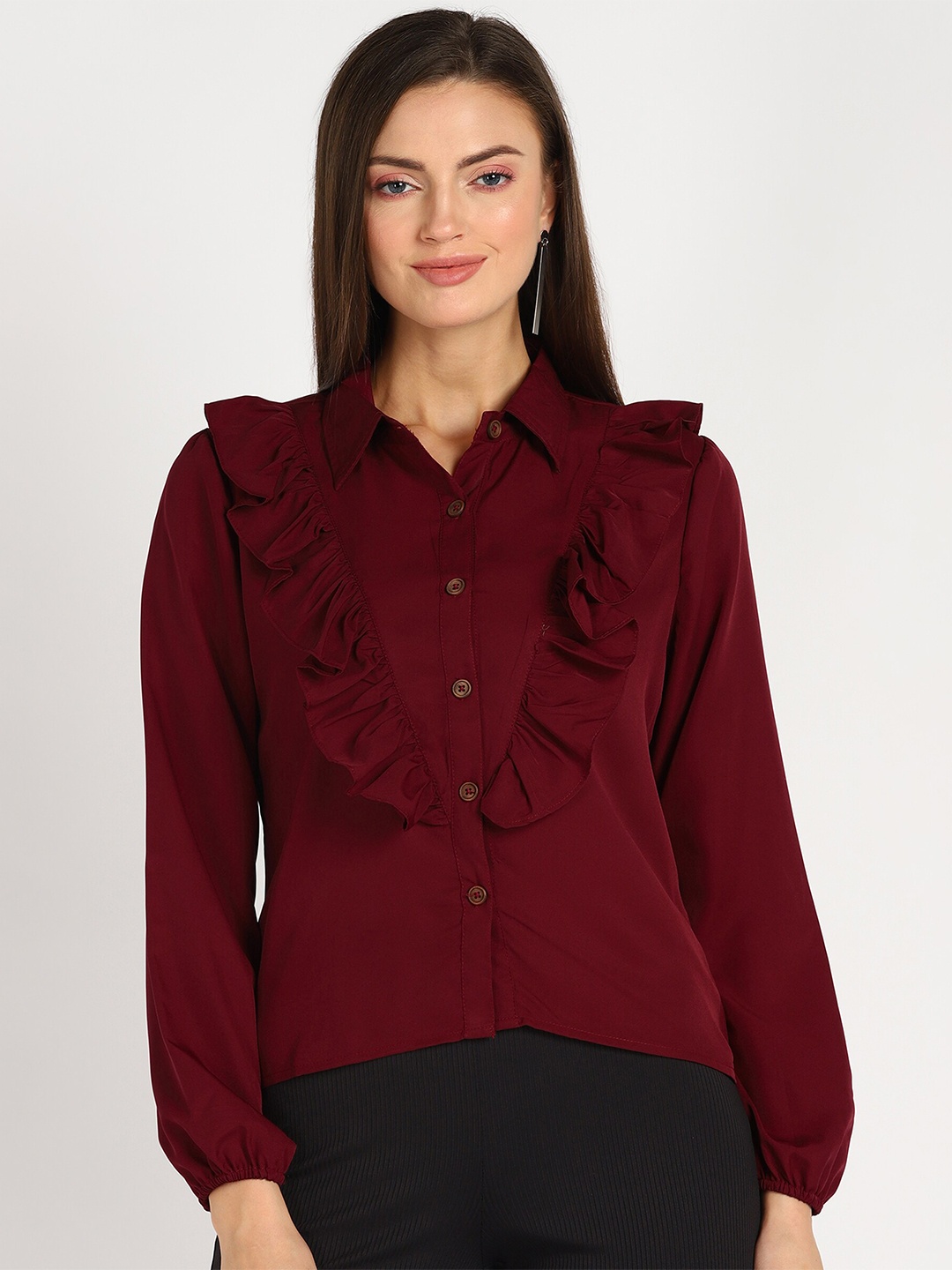 

shashvi Women Ruffles Casual Shirt, Maroon