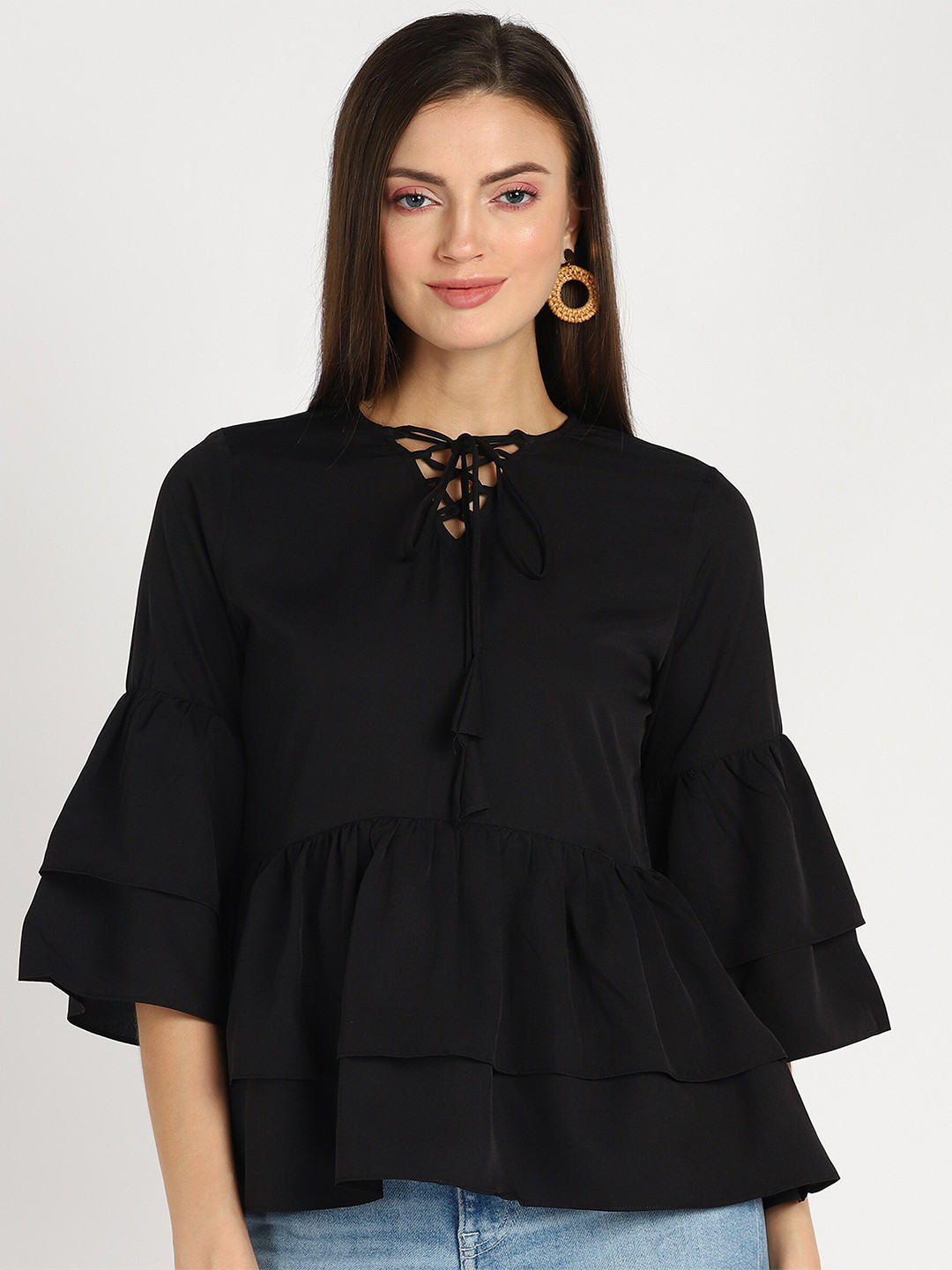 

shashvi Tie-Up Neck Layered Peplum Top, Black