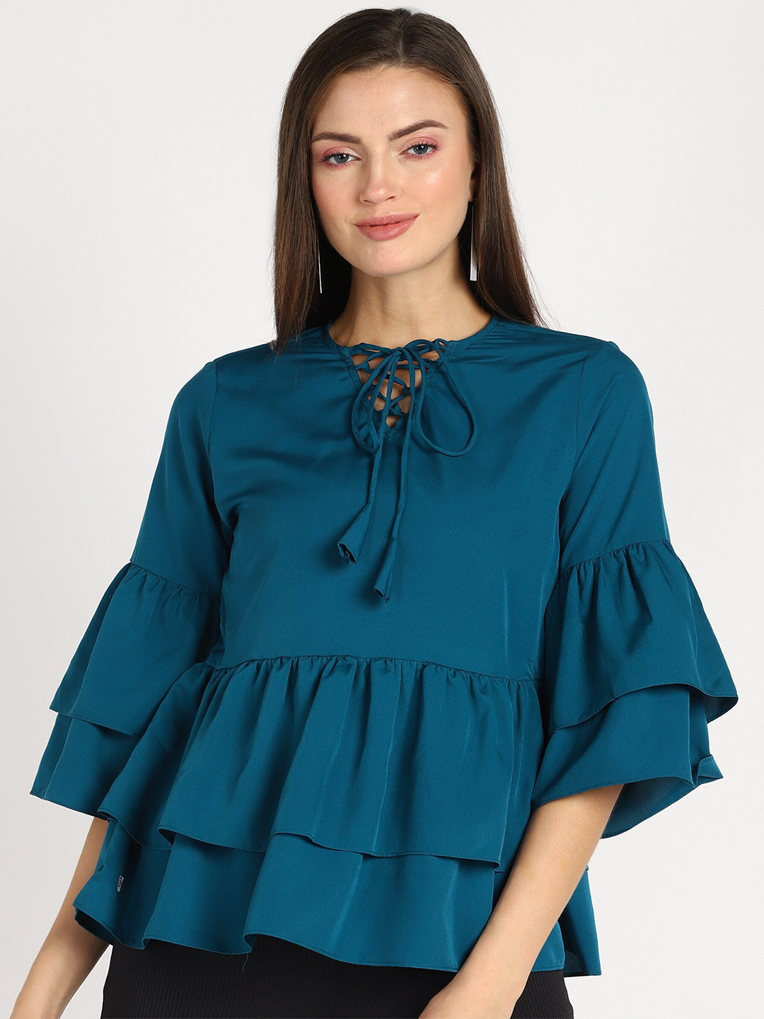 

shashvi Tie-Up Neck Layered Peplum Top, Teal