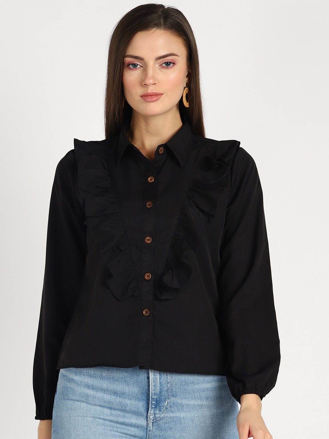 

shashvi Women Ruffles Casual Shirt, Black