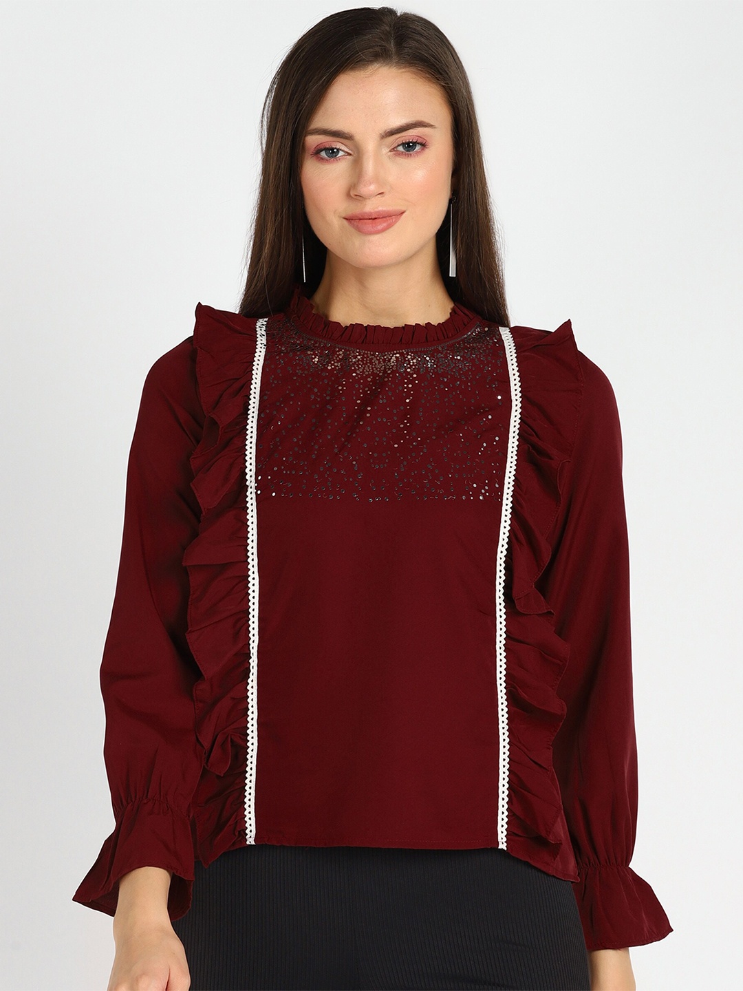 

shashvi Ruffles Crepe Top, Maroon
