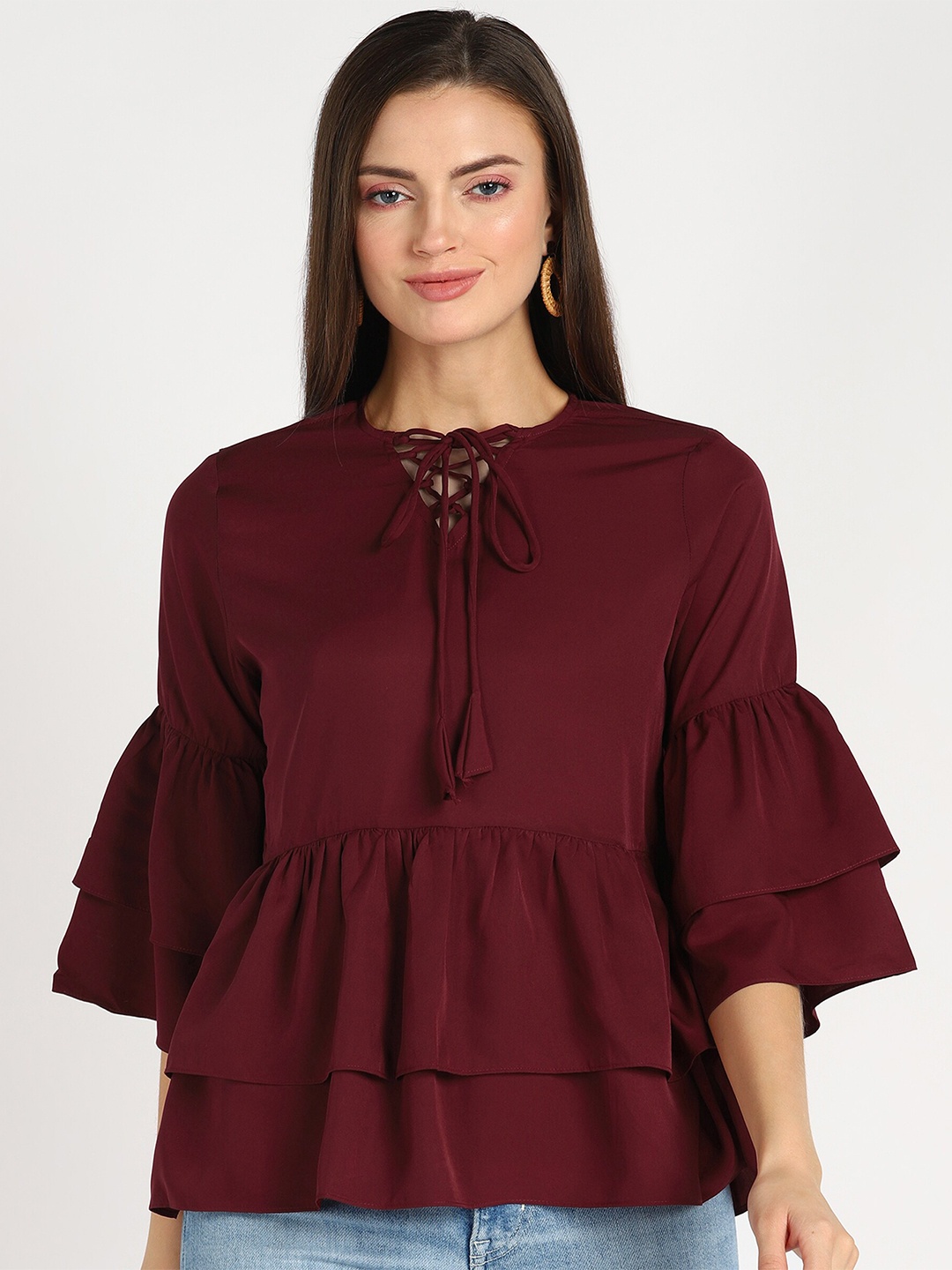 

shashvi Tie-Up Neck Layered Peplum Top, Maroon