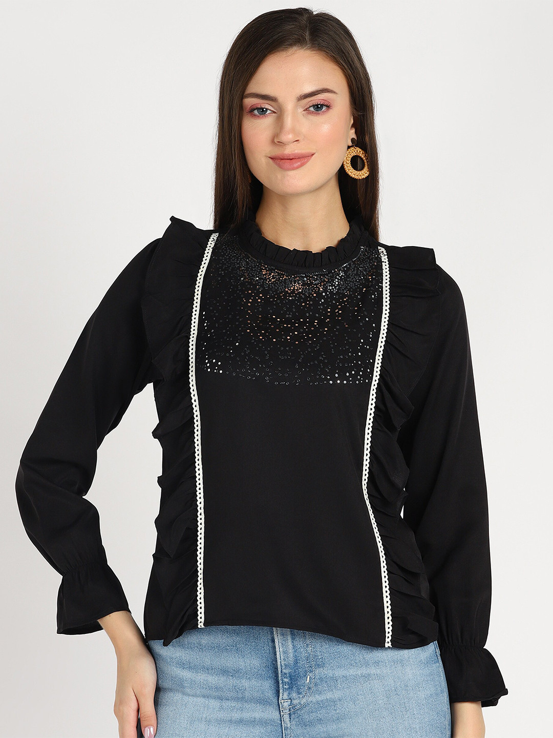 

shashvi Ruffles Crepe Top, Black