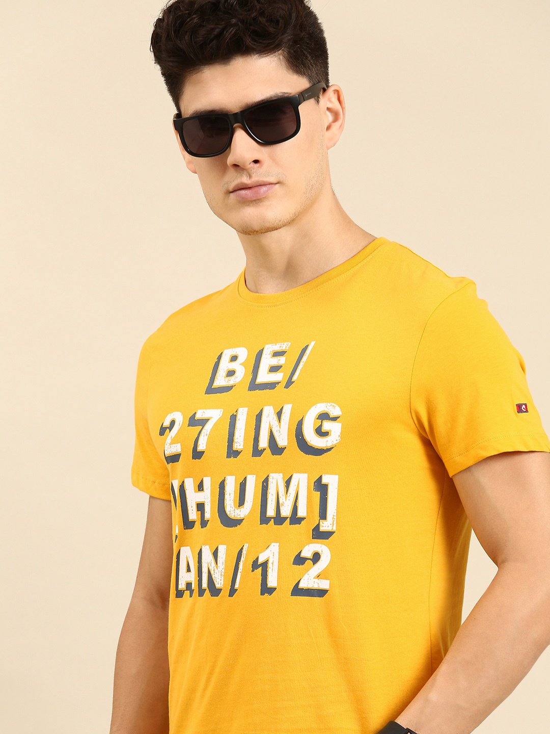 Being Human Men Brand Logo Print Round Neck Pure Cotton Knitted T-shirt, Yellow