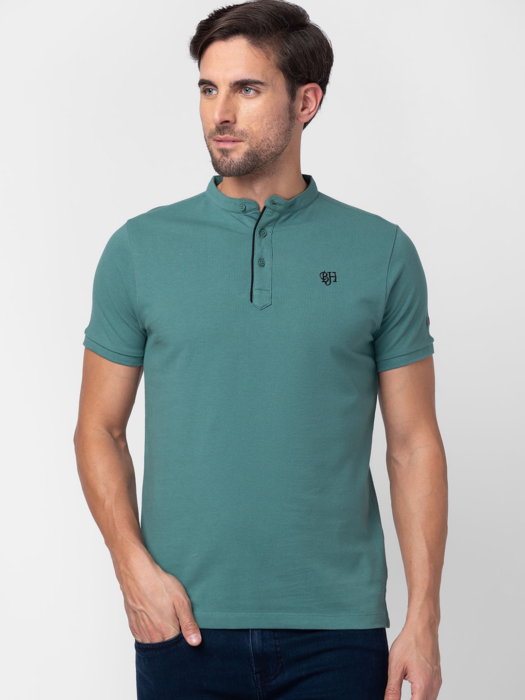 

Being Human Men Brand Logo Printed Henley Neck Pure Cotton T-shirt, Green