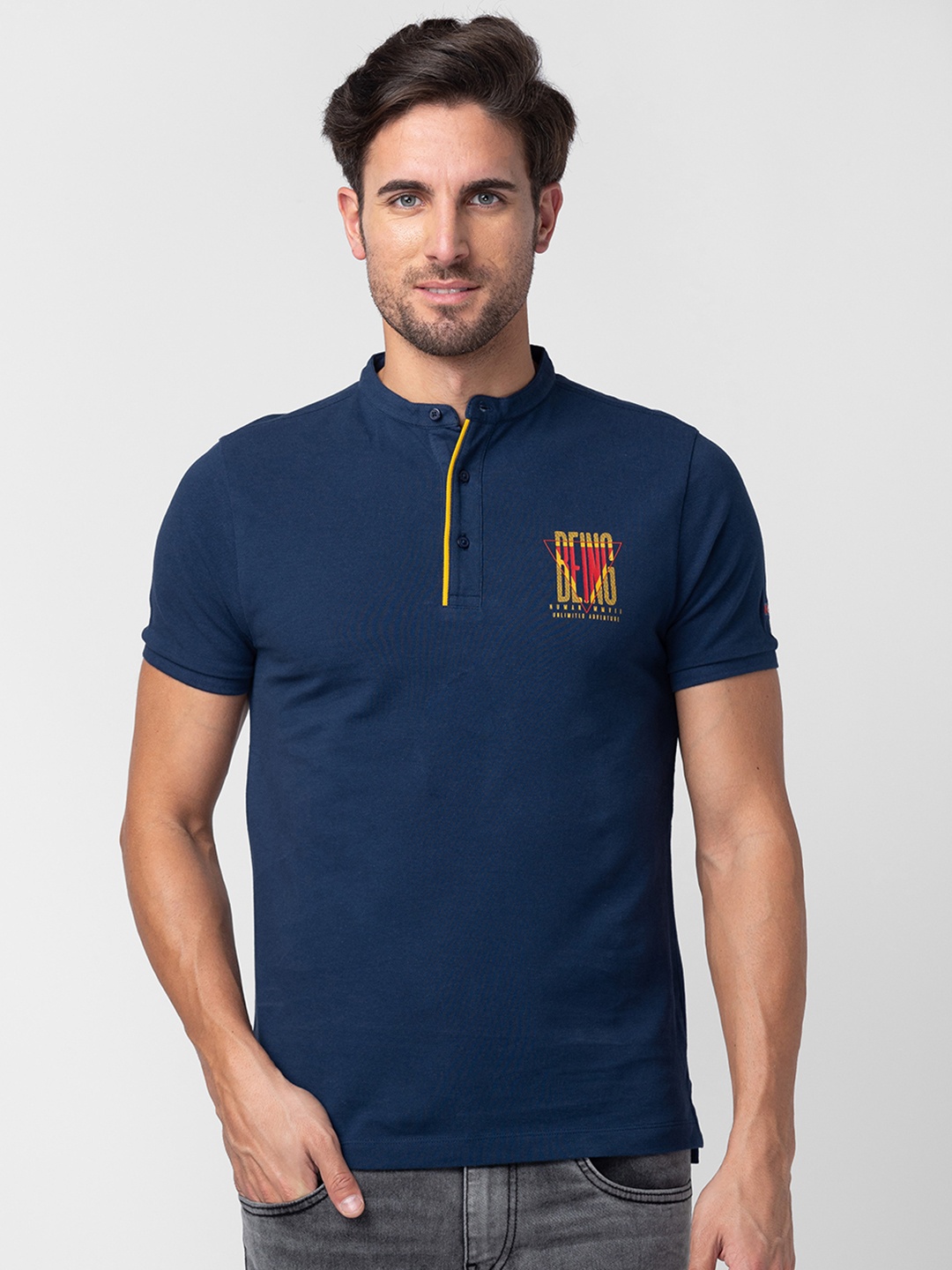 

Being Human Clothing Men Pure Cotton Brand Logo Printed Henley Neck T-shirt, Navy blue