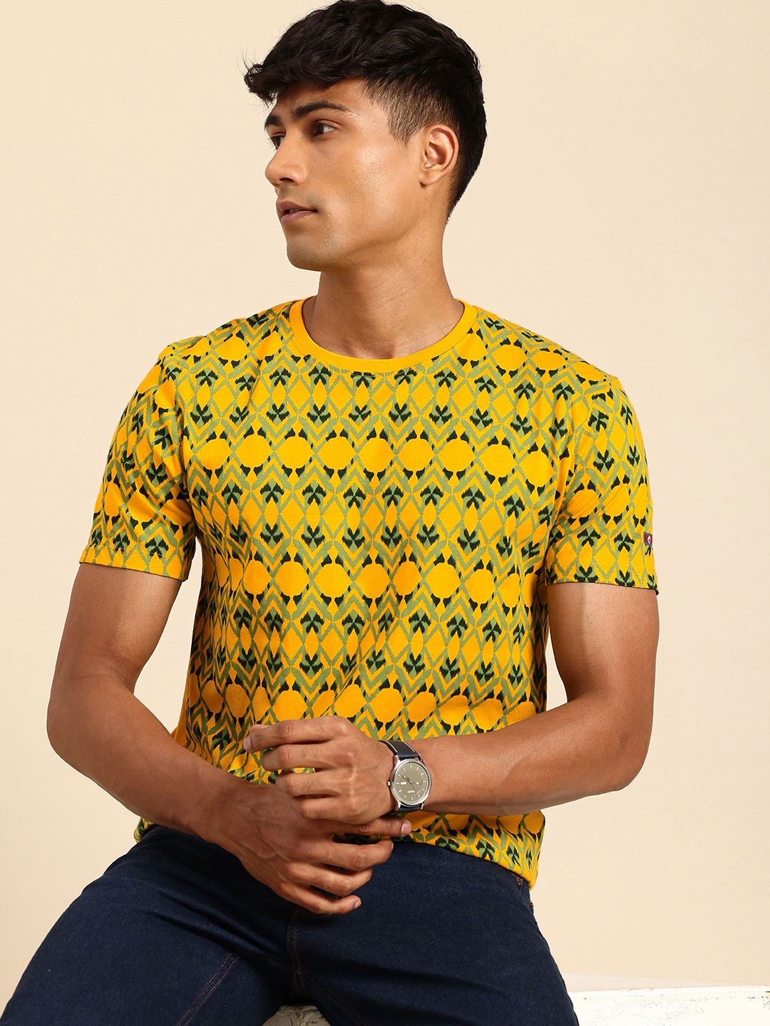 

Being Human Geometric Print Pure Cotton T-shirt, Yellow