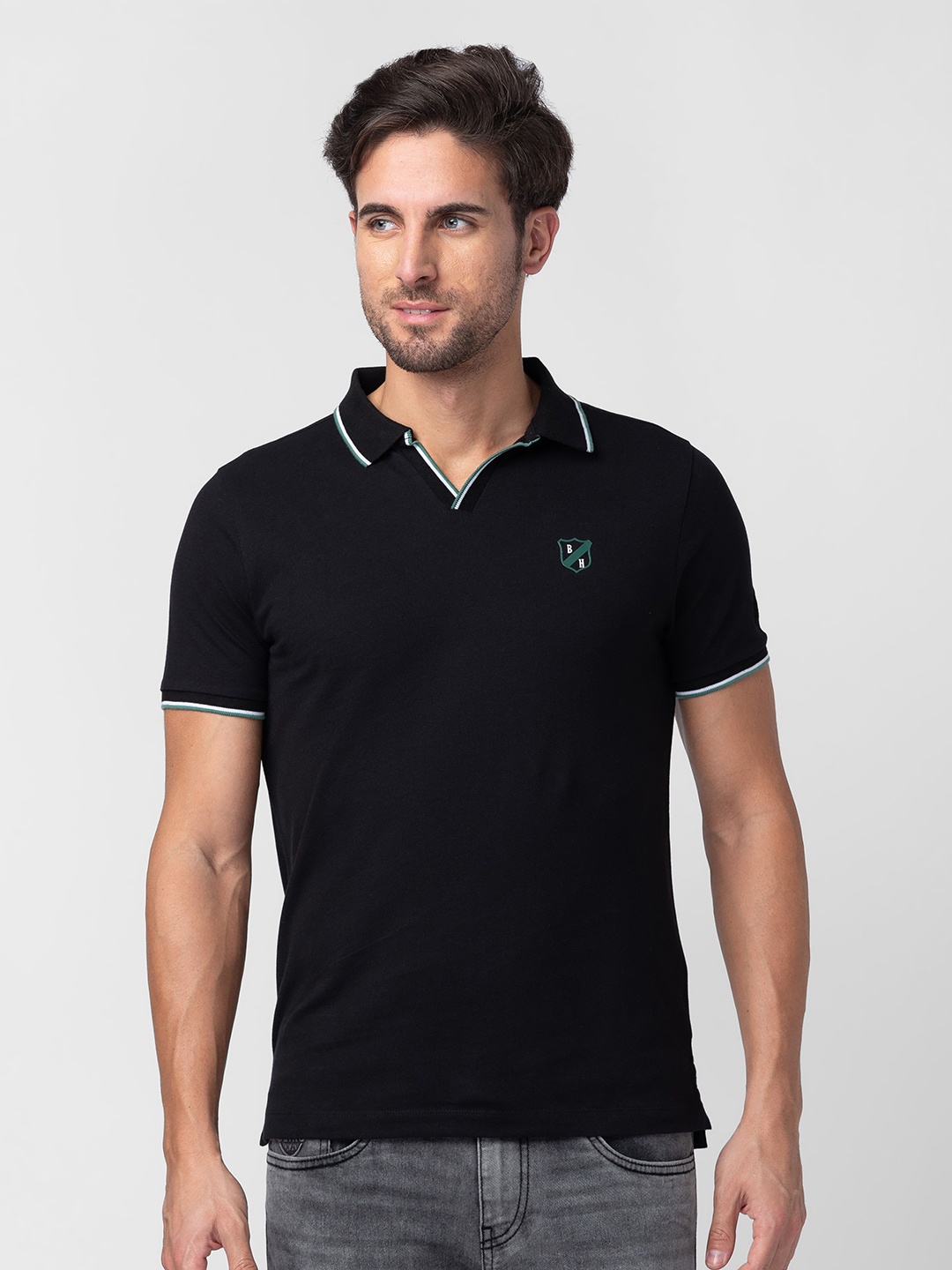 

Being Human Men Pure Cotton Polo Collar T-shirt With Applique Detail, Black