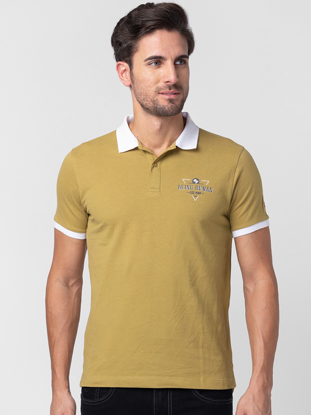

Being Human Men Brand Logo Printed Polo Collar Pure Cotton T-shirt, Khaki