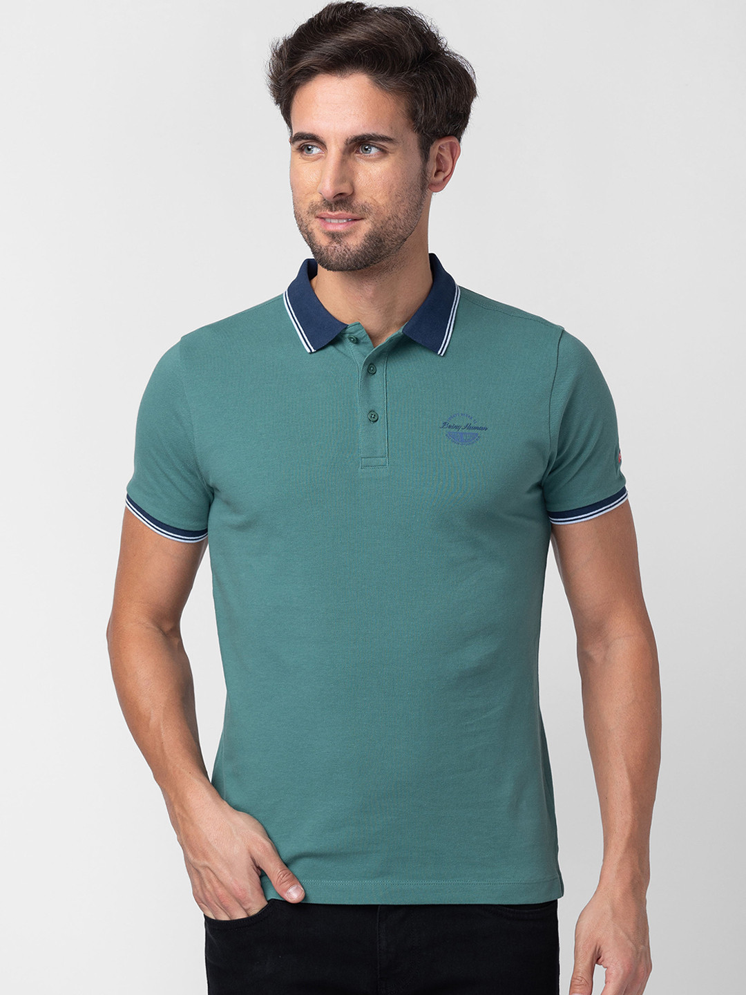 

Being Human Clothing Men Pure Cotton Polo Collar Applique T-shirt, Green
